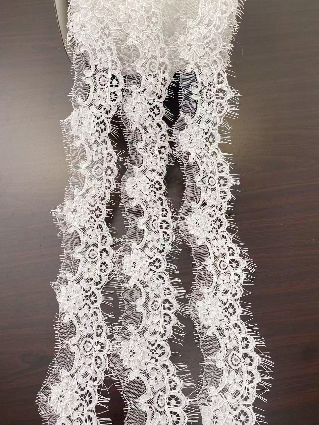 3 Yards French Alencon Corded Lace Trim with Eyelash, Floral Veil Lace Fabric for Bridal Wedding Accessories