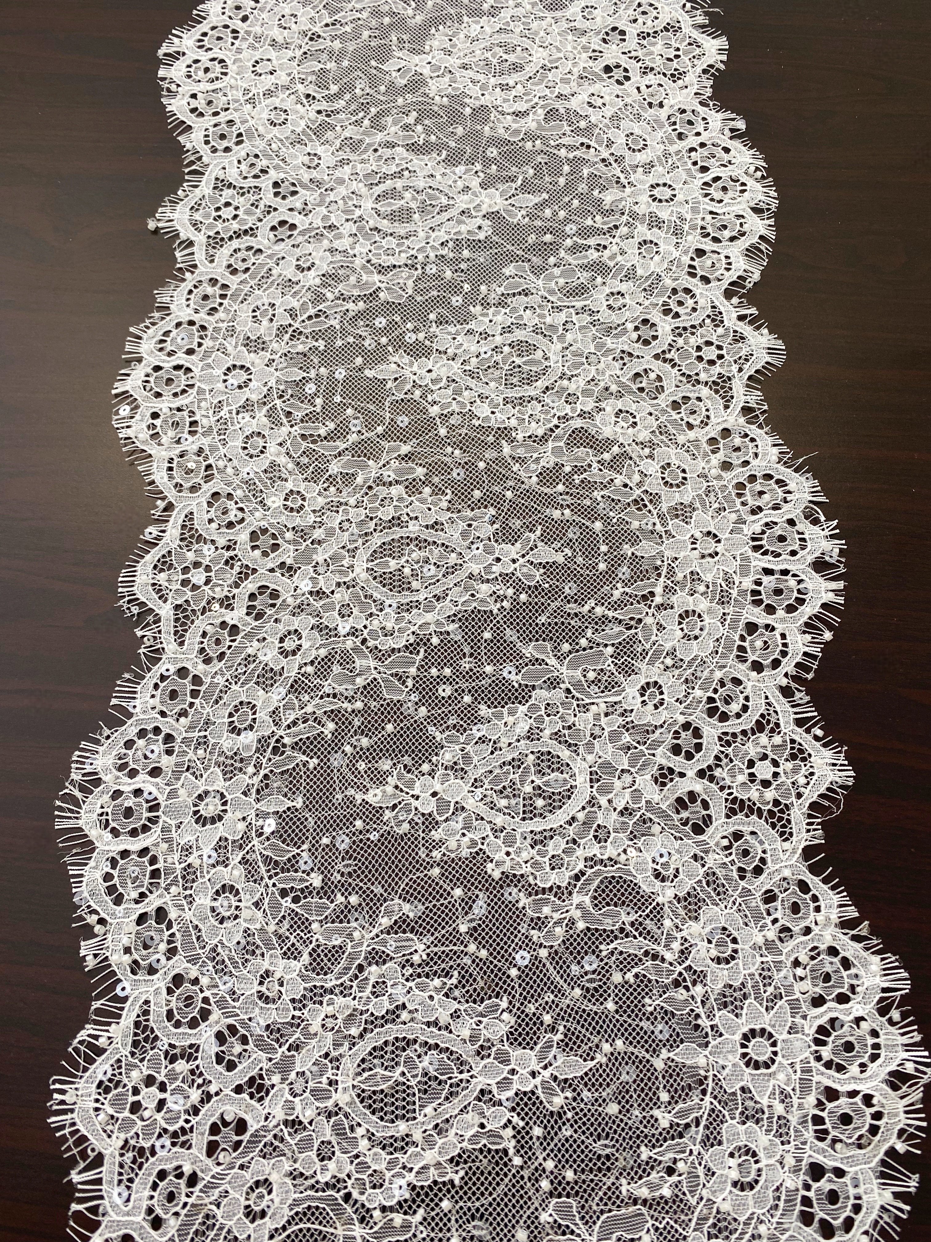 French Beaded Chantilly Lace Trim with Sequins, Floral Trim Eyelash Edging, Eyelash Lace Wedding Dress Fabric for Bridal Veil, Sold by 3 meters