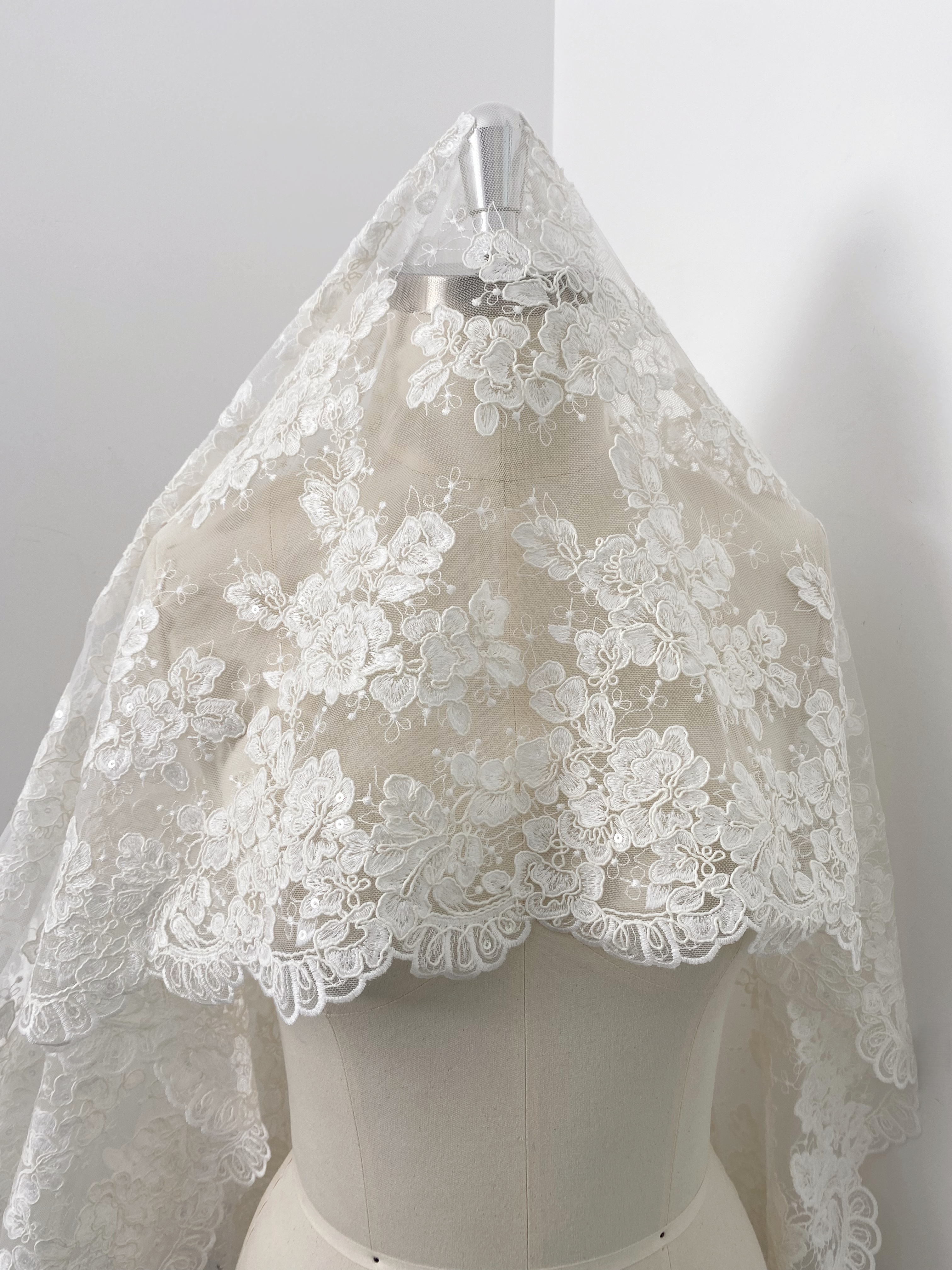 Ivory Corded Chantilly Lace Fabric ,Alencon Lace Fabric with Sequins for Wedding Dress, Veil, Floral Embroidery lace by the yard