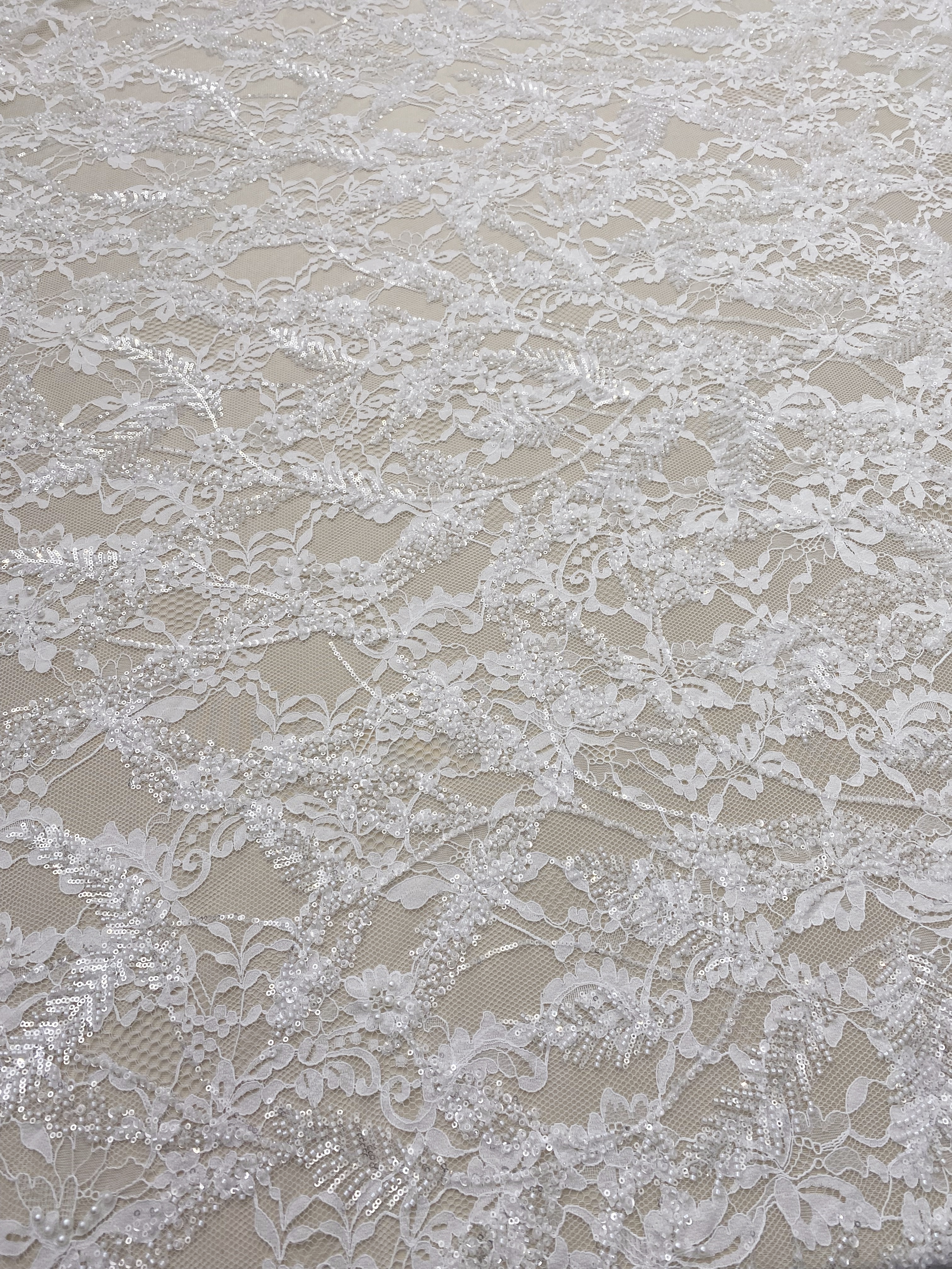 3 Meters Heavy Bead Chantilly Lace Fabric with Sequins for Wedding Dress,Bridal Gown Veil, Alencon Lace Floral Trim Eyelash Edging
