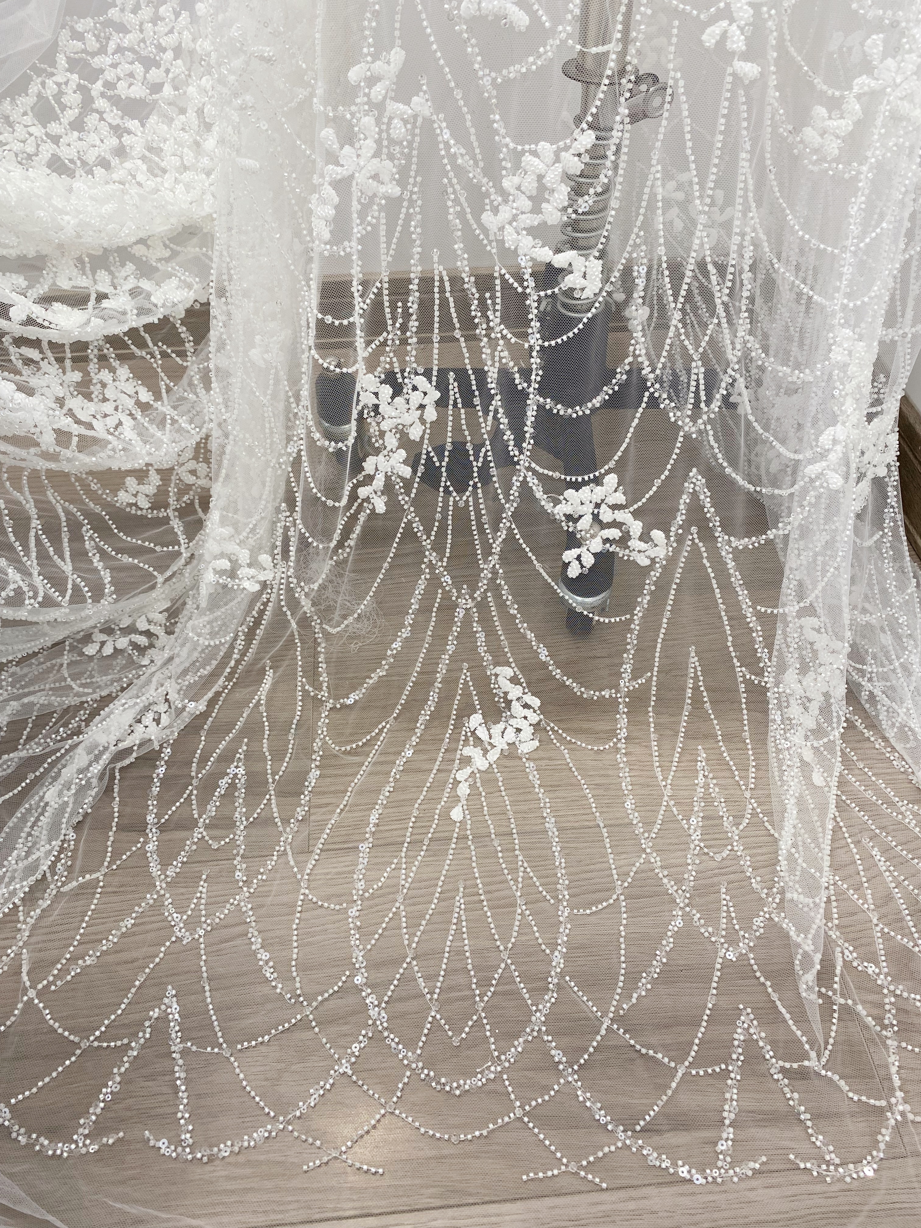 Ivory Beaded Floral Embroidery Tulle Lace Fabric, Beading Leafs Bridal Lace for Wedding Gowns Dresses and Veils, Couture Lace by the Yard