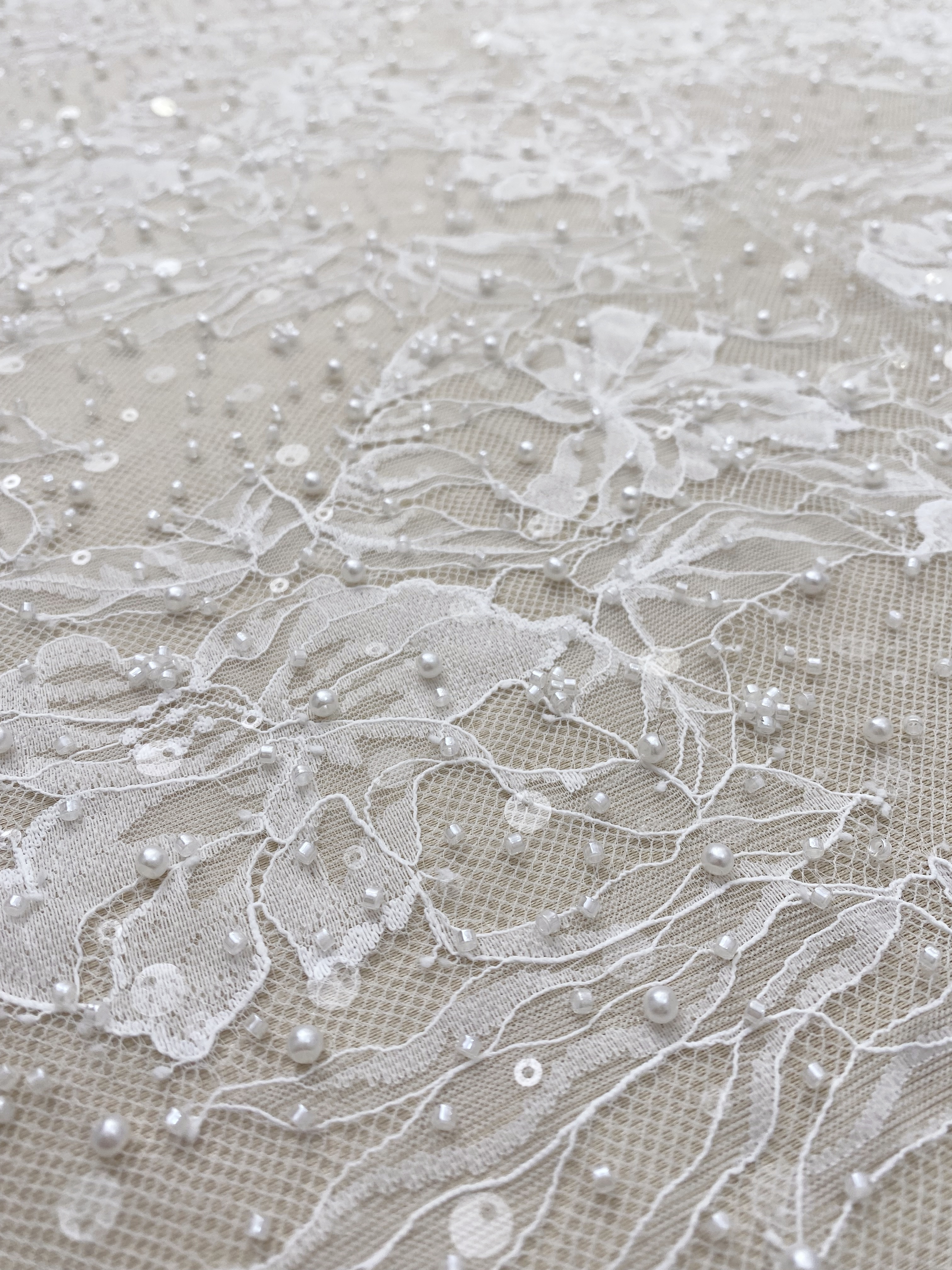 2026 White Pearl Chantilly French Eyelash Stretch Lace Fabric, Beaded Floral Scalloped Lace Fabric for Wedding Dress, Sold by 3 Meters