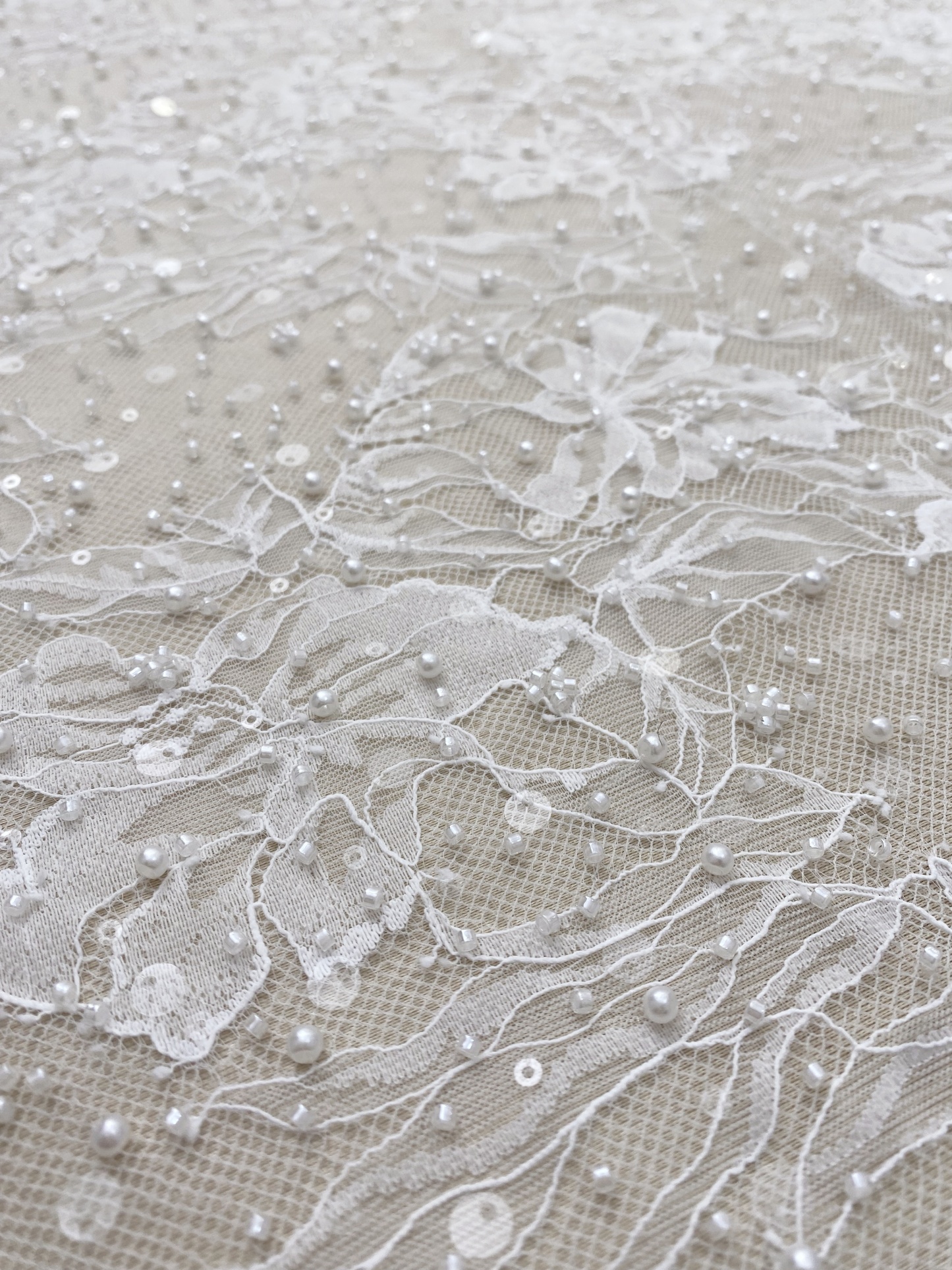 2026 White Pearl Chantilly French Eyelash Stretch Lace Fabric, Beaded Floral Scalloped Lace Fabric for Wedding Dress, Sold by 3 Meters