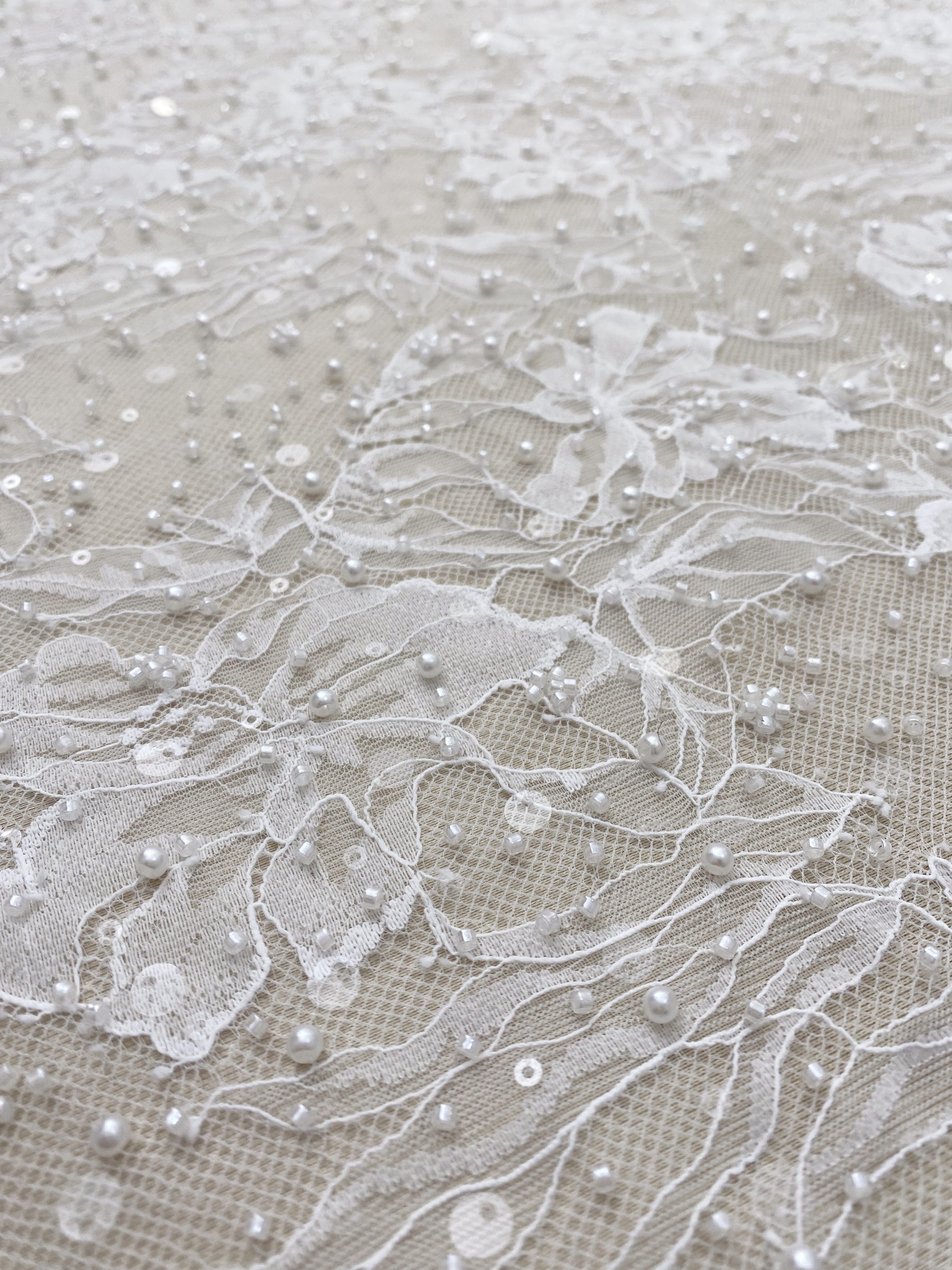 2026 White Pearl Chantilly French Eyelash Stretch Lace Fabric, Beaded Floral Scalloped Lace Fabric for Wedding Dress, Sold by 3 Meters