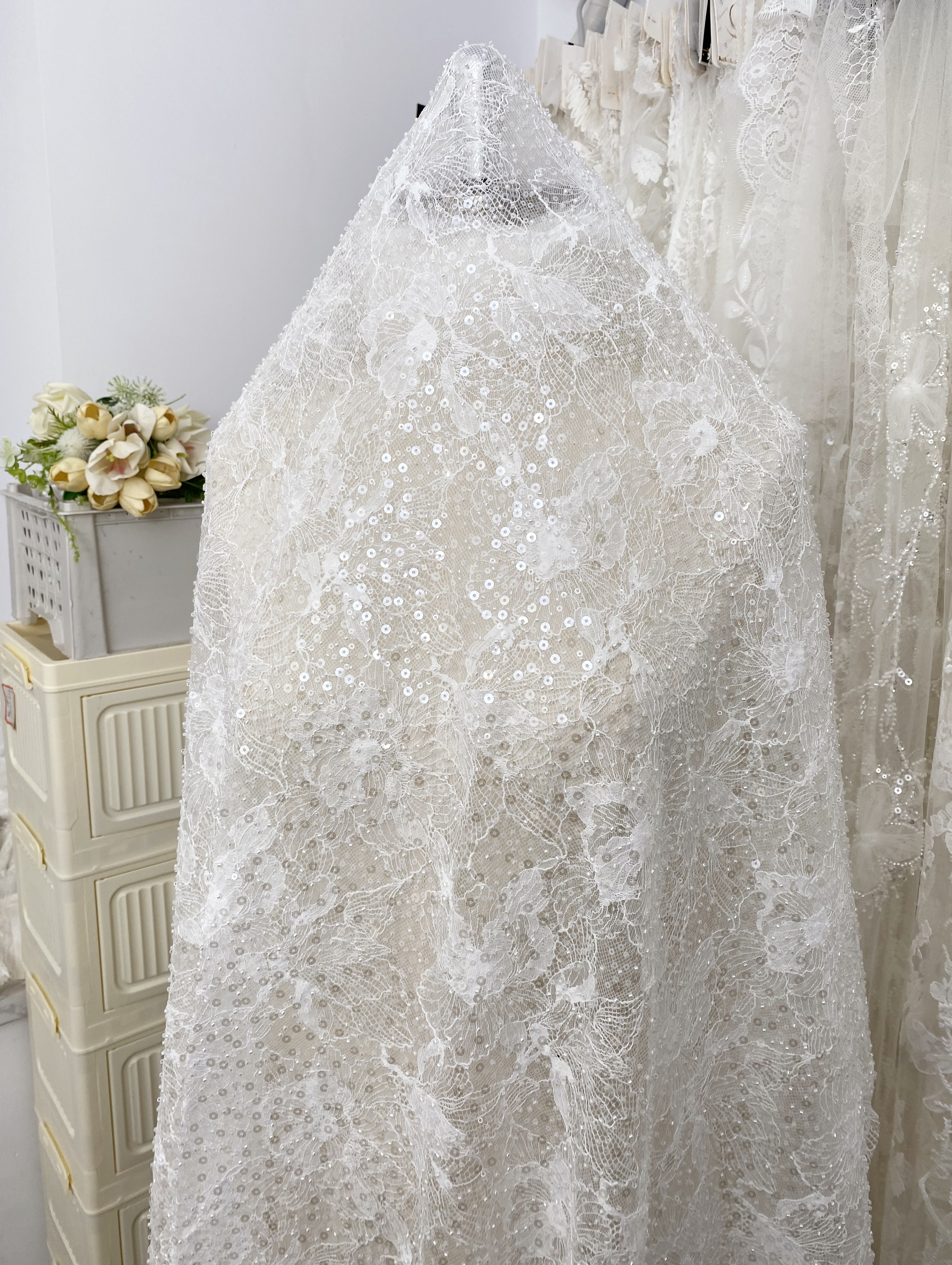 Luxury Beaded Tulle Lace Fabric, White Sequined Bridal Mesh by the Yard for Wedding Dress, Veil, Bridal Gown Embroidery, Floral Lace