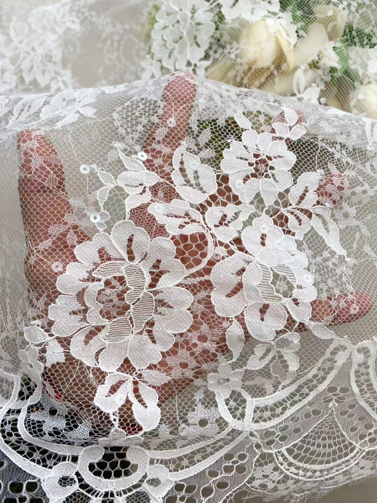 Off white Chantilly lace fabric with sequins, French Bridal Wedding Lace, Scalloped Lace, floral eyelash veil lace for Wedding Dress