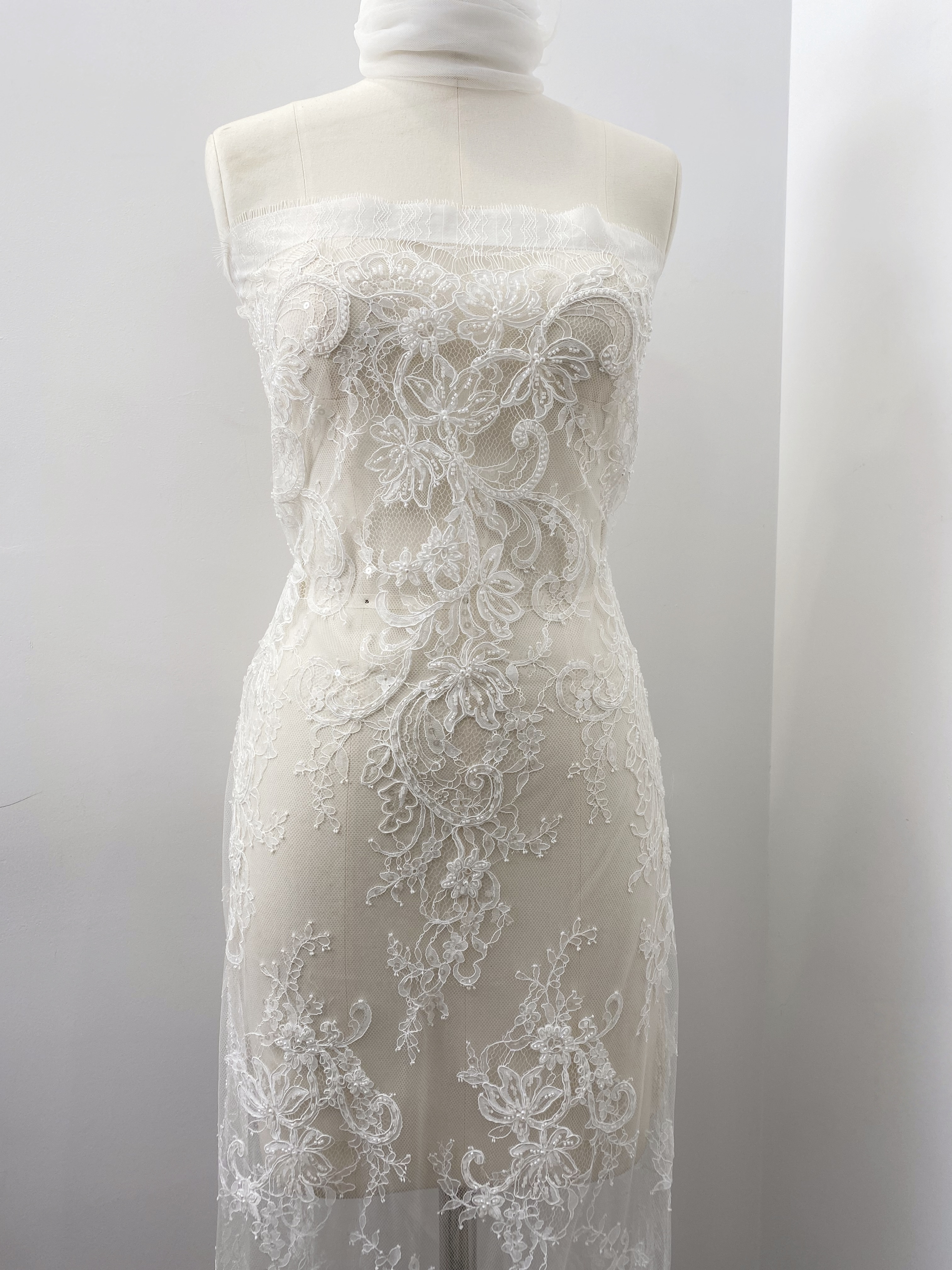 Ivory Beaded Chantilly Lace Fabric for Wedding Dress,Bridal Gown Veil,Sold by 3 Meter