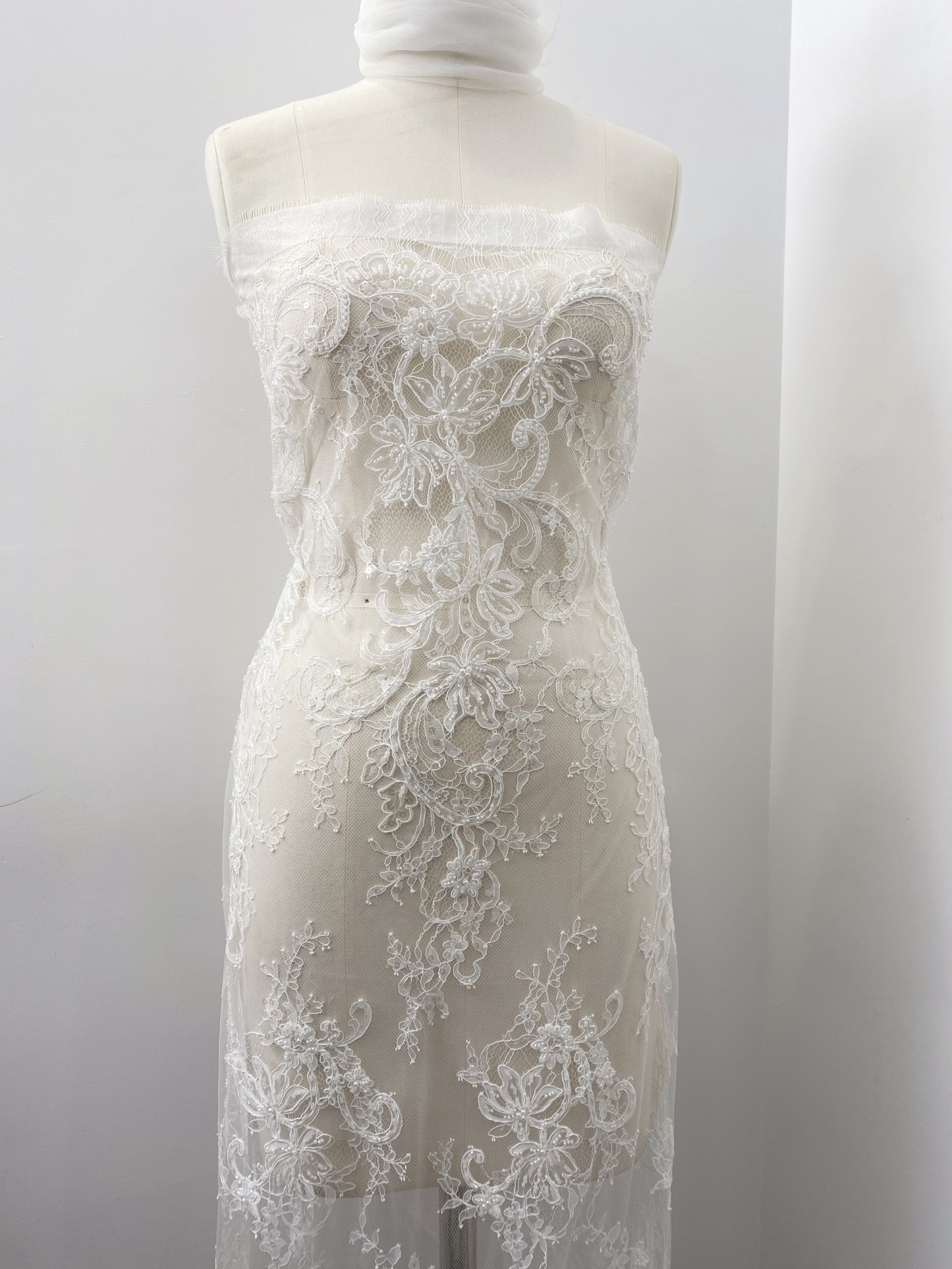 Ivory Beaded Chantilly Lace Fabric for Wedding Dress,Bridal Gown Veil,Sold by 3 Meter