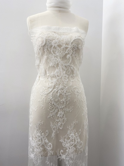 Ivory Beaded Chantilly Lace Fabric for Wedding Dress,Bridal Gown Veil,Sold by 3 Meter
