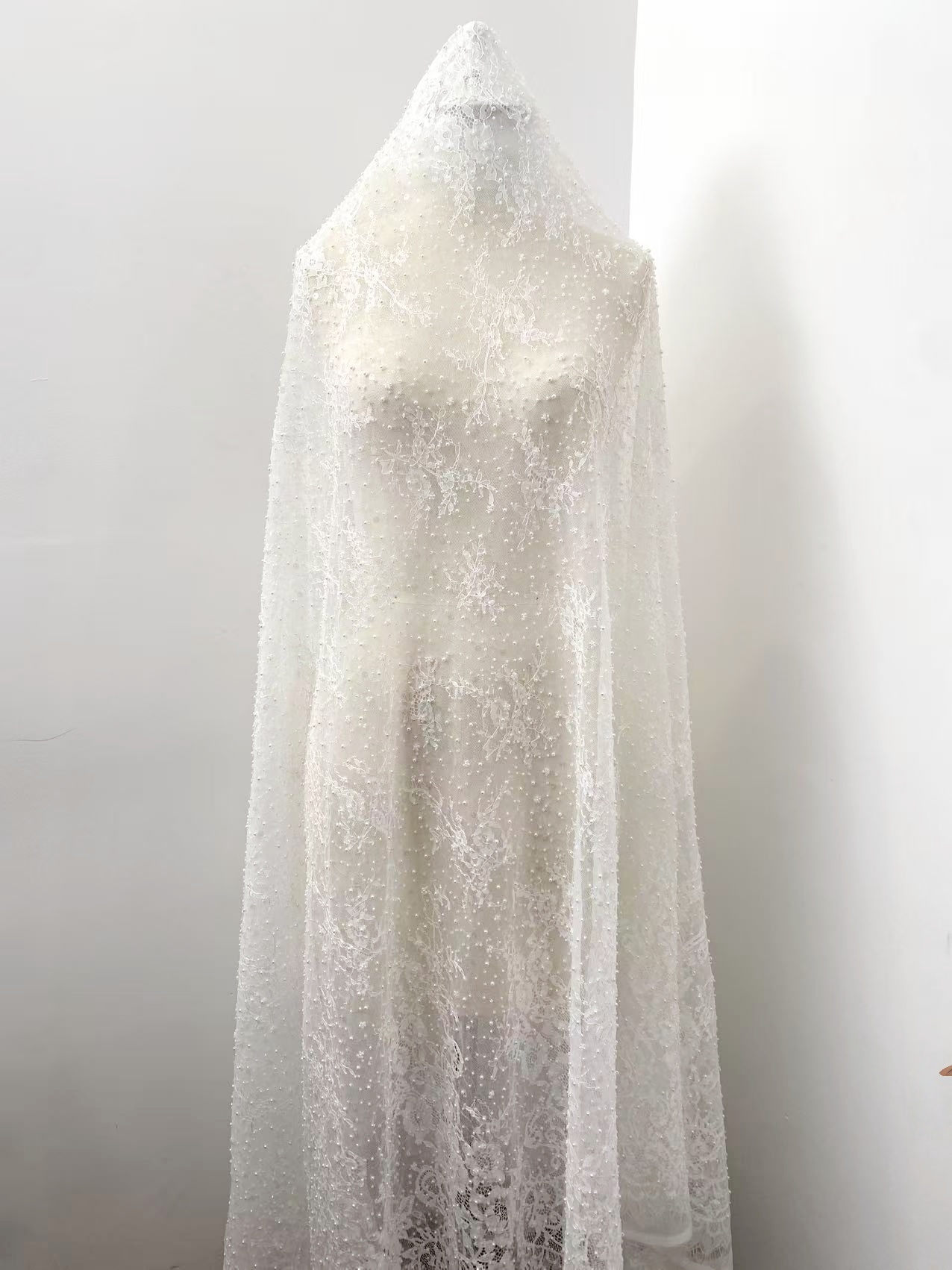 2026 White Pearl Chantilly French Eyelash Lace Fabric, Beaded Floral Scalloped Lace Fabric for Wedding Dress Veils, Price per 3 Meters