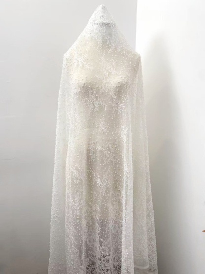 2026 White Pearl Chantilly French Eyelash Lace Fabric, Beaded Floral Scalloped Lace Fabric for Wedding Dress Veils, Price per 3 Meters