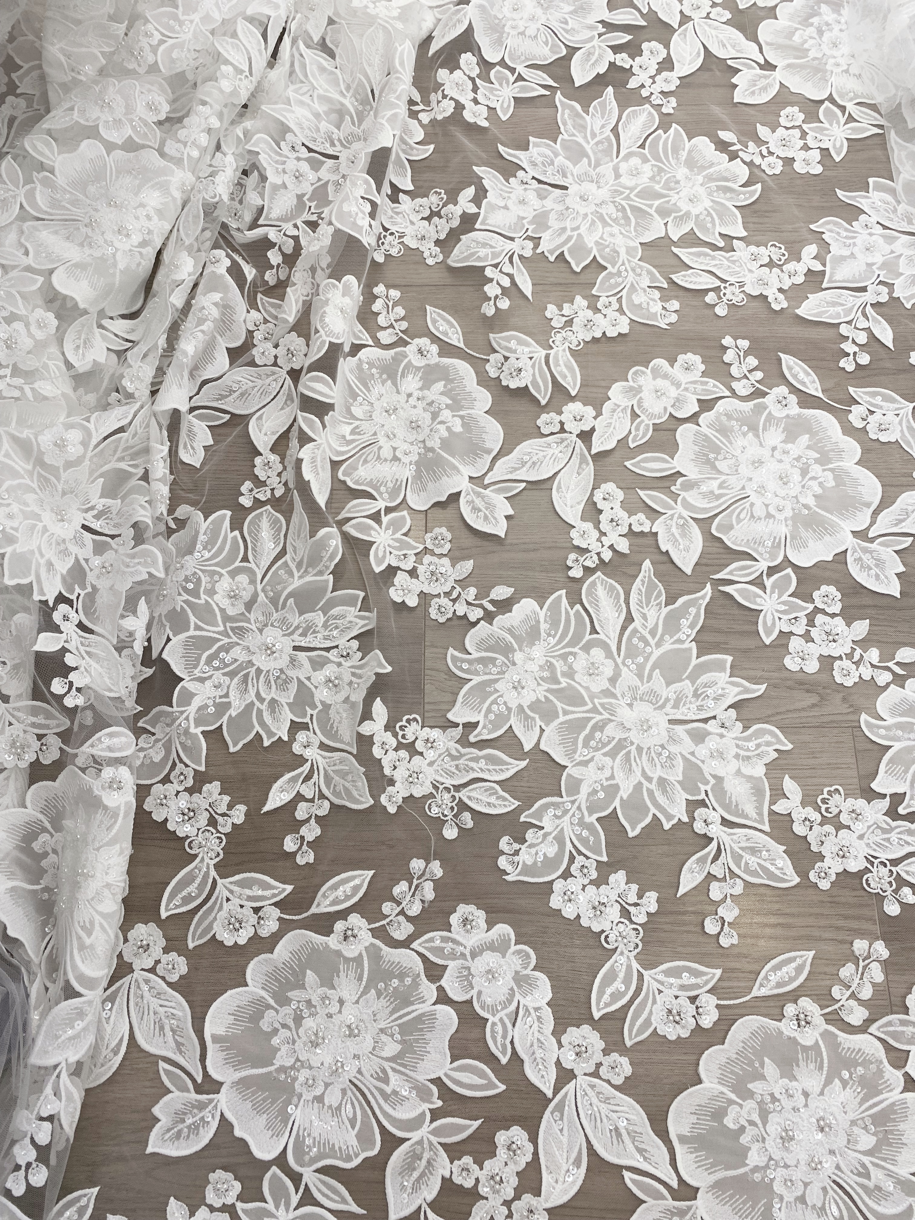 Ivory Floral Lace on Mesh with Large Appliqués, Delicate Bridal Flower Lace Fabric For Gown Prom, Wedding Dress Lace