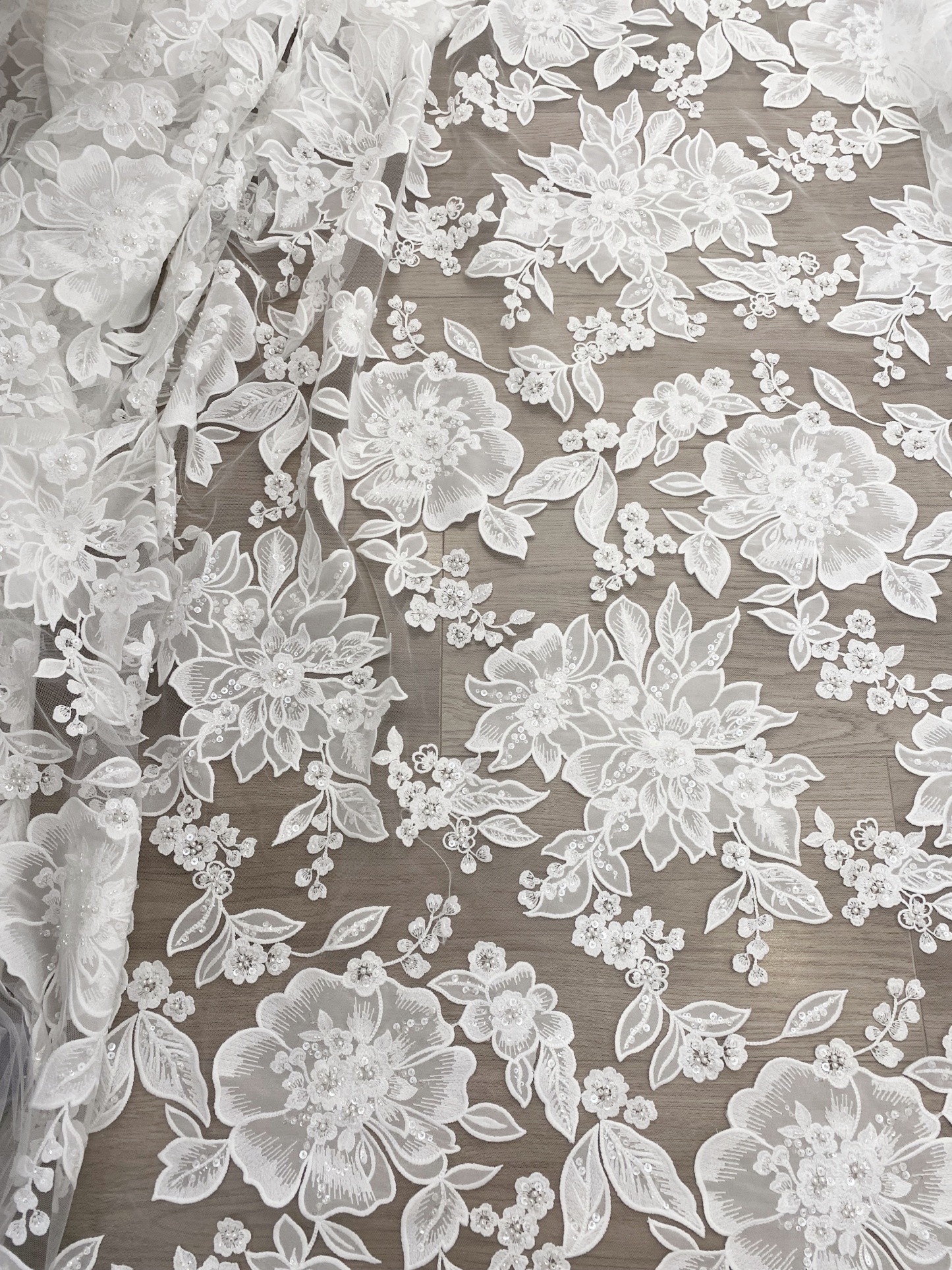 Ivory Floral Lace on Mesh with Large Appliqués, Delicate Bridal Flower Lace Fabric For Gown Prom, Wedding Dress Lace