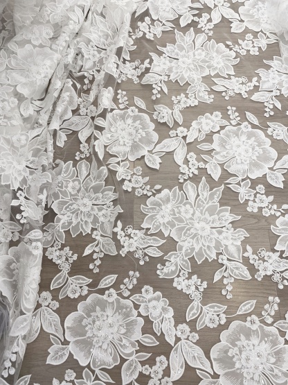 Ivory Floral Lace on Mesh with Large Appliqués, Delicate Bridal Flower Lace Fabric For Gown Prom, Wedding Dress Lace