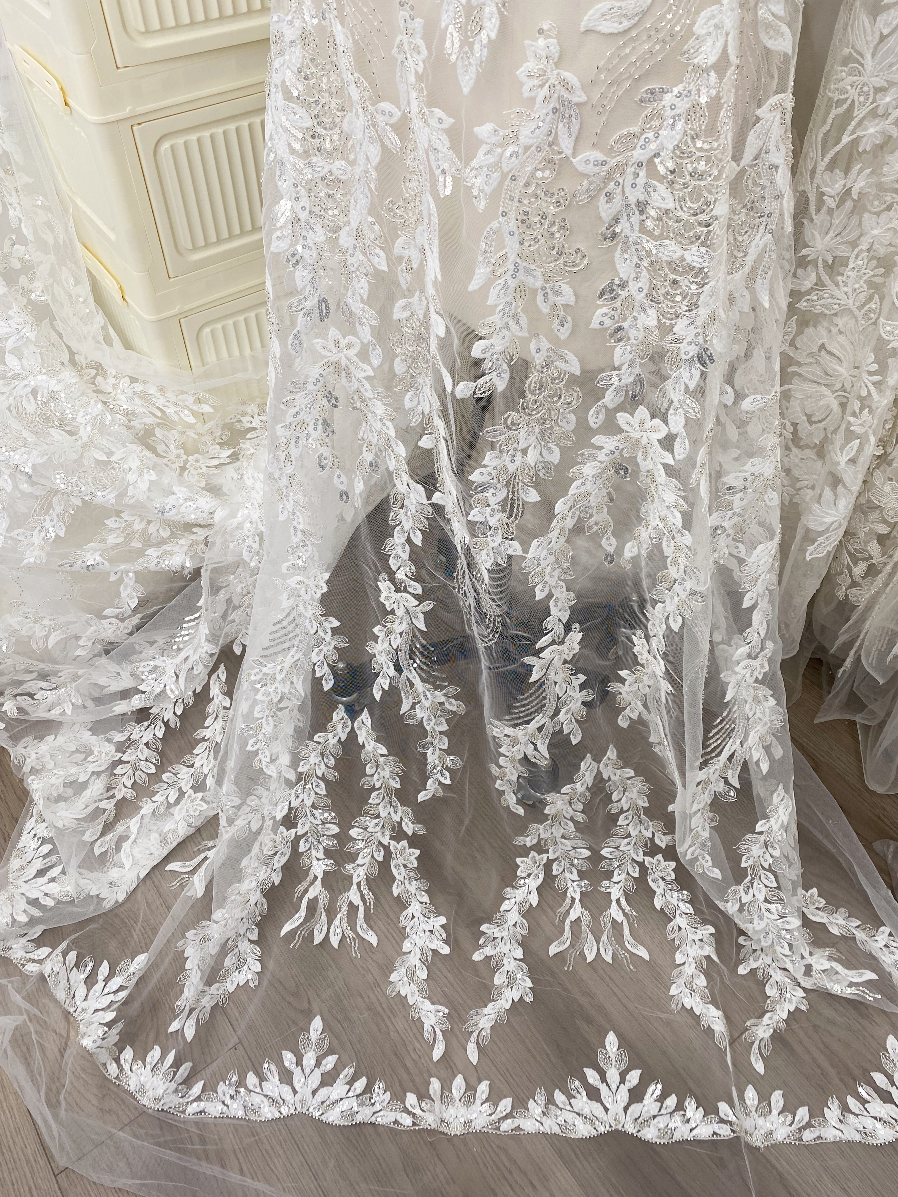 Leaves Embroidery Fabric with Beads and Sequins, Lace fabric for Wedding Dresses, Bridal Veil, Evening Gowns, Tulle Mesh Material