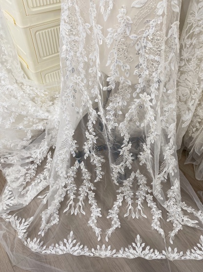 Leaves Embroidery Fabric with Beads and Sequins, Lace fabric for Wedding Dresses, Bridal Veil, Evening Gowns, Tulle Mesh Material