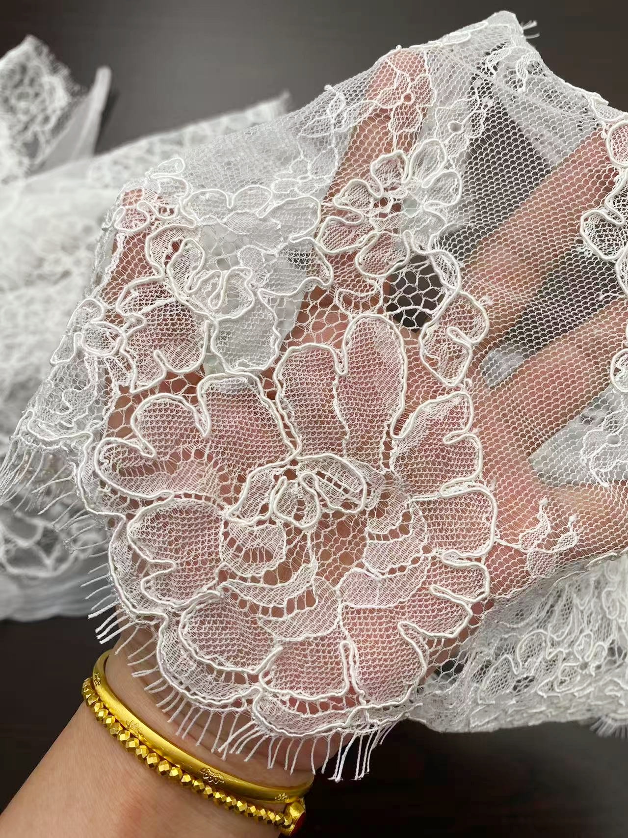 French Chantilly Lace Trims with Cord, Floral Eyelash Lace Fabric Wedding Fabric for Bridal Veil Dress Gown,Price per 3 Meters