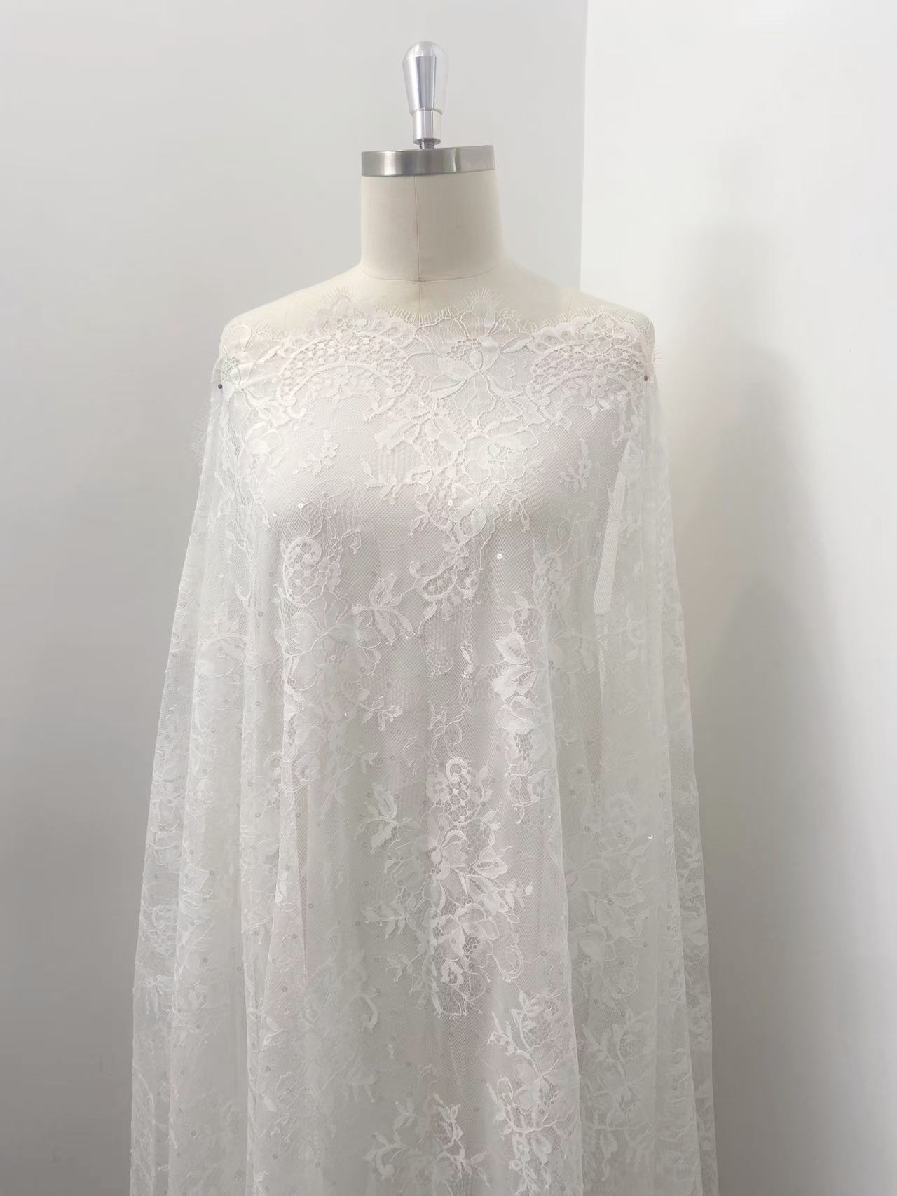 Clear Sequins French Chantilly Lace Fabric, Ivory Bridal Floral Lace with Eyelash for Wedding Dress, Veil, Overlay, Sold by 3 Meters 1 Piece