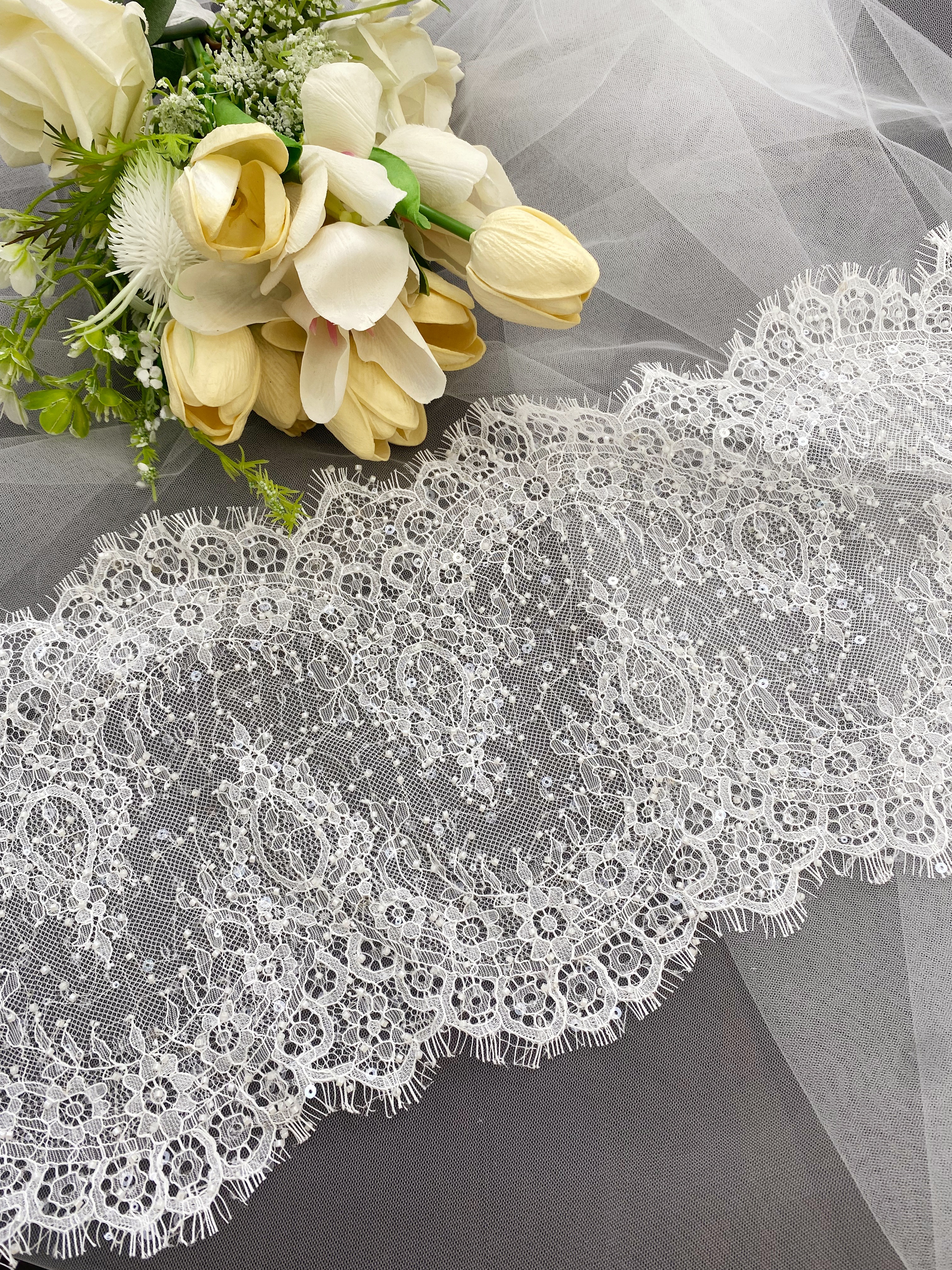 French Beaded Chantilly Lace Trim with Sequins, Floral Trim Eyelash Edging, Eyelash Lace Wedding Dress Fabric for Bridal Veil, Sold by 3 meters