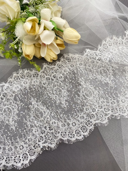 French Beaded Chantilly Lace Trim with Sequins, Floral Trim Eyelash Edging, Eyelash Lace Wedding Dress Fabric for Bridal Veil, Sold by 3 meters