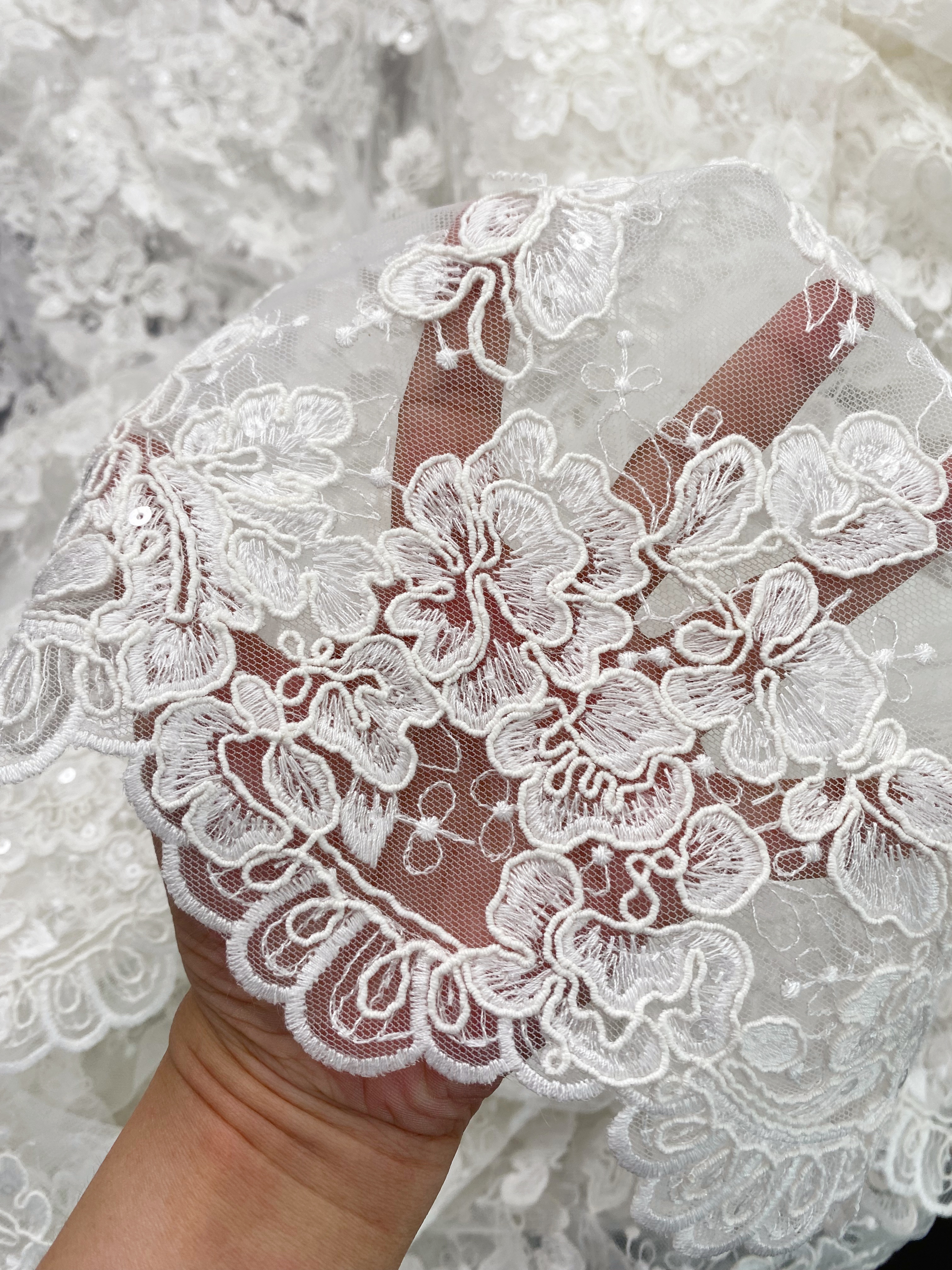 Ivory Corded Chantilly Lace Fabric ,Alencon Lace Fabric with Sequins for Wedding Dress, Veil, Floral Embroidery lace by the yard