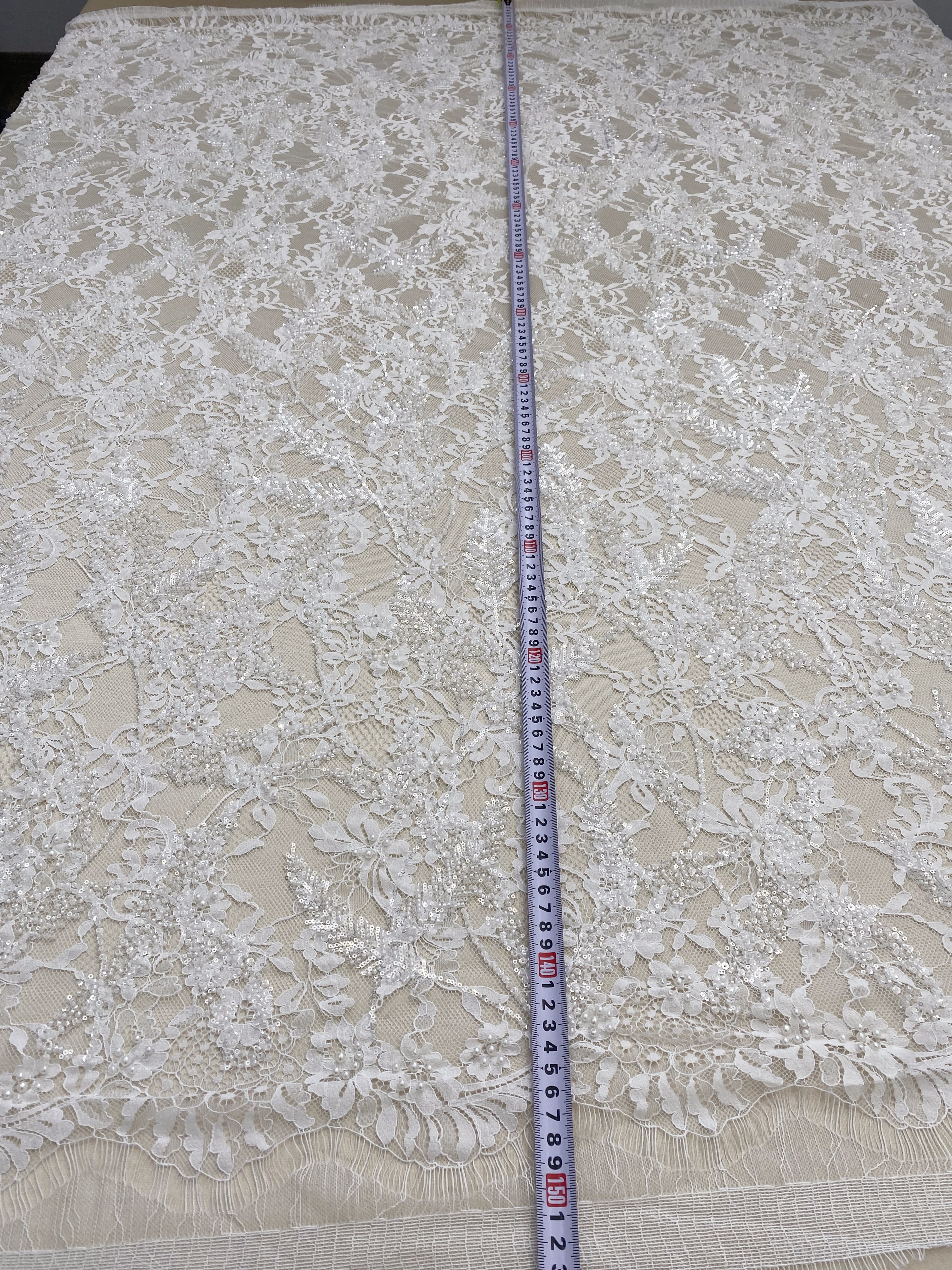 3 Meters Heavy Bead Chantilly Lace Fabric with Sequins for Wedding Dress,Bridal Gown Veil, Alencon Lace Floral Trim Eyelash Edging
