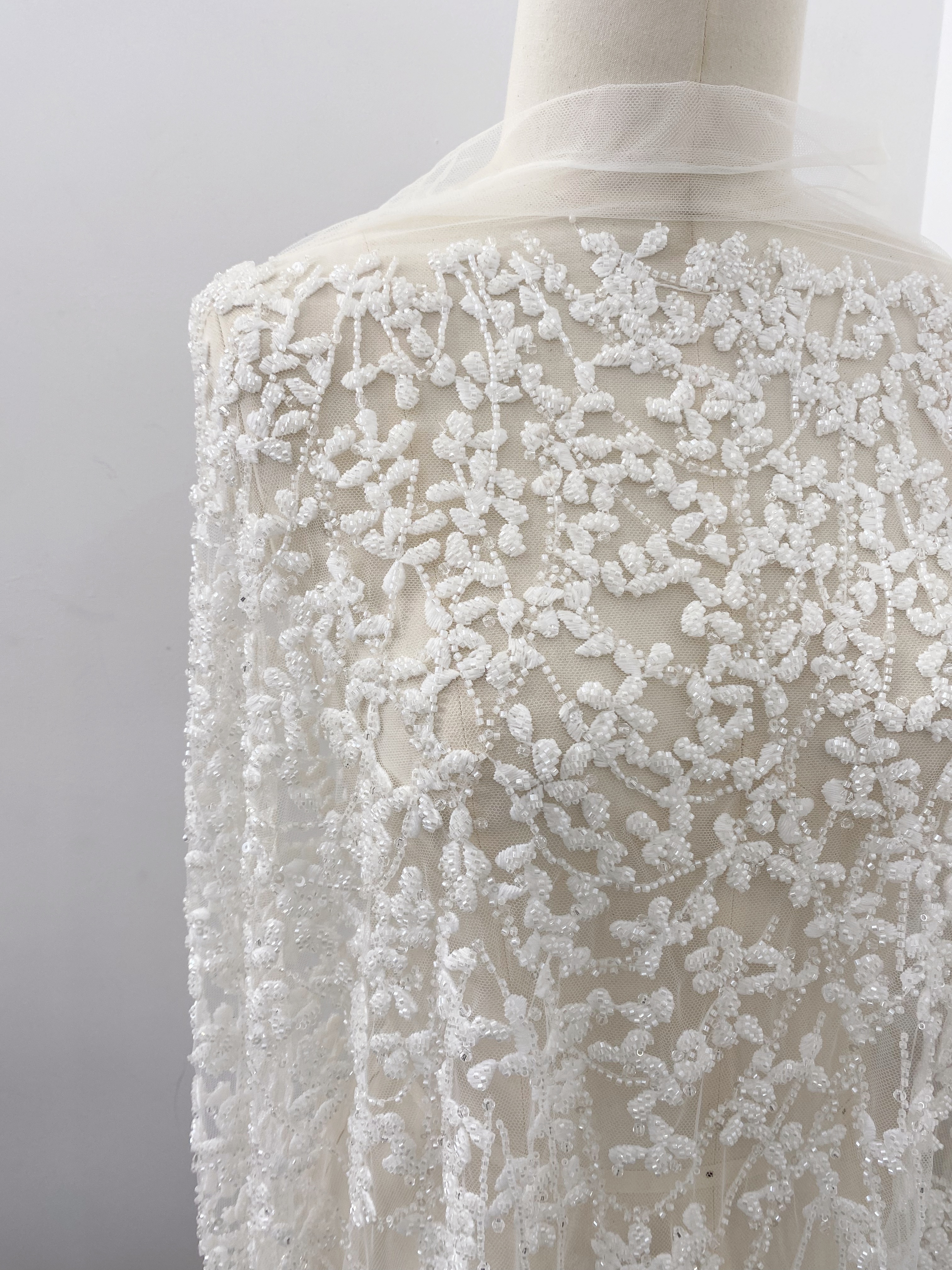 Ivory Beaded Floral Embroidery Tulle Lace Fabric, Beading Leafs Bridal Lace for Wedding Gowns Dresses and Veils, Couture Lace by the Yard