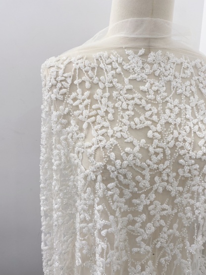 Ivory Beaded Floral Embroidery Tulle Lace Fabric, Beading Leafs Bridal Lace for Wedding Gowns Dresses and Veils, Couture Lace by the Yard