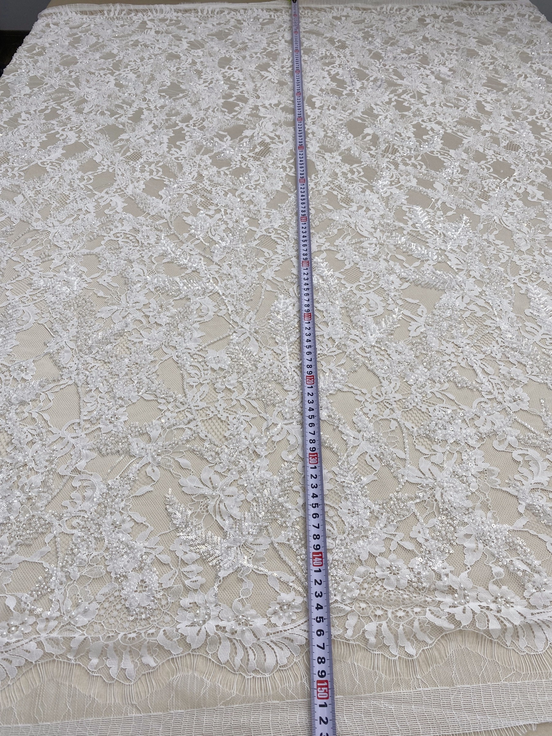 3 Meters Heavy Bead Chantilly Lace Fabric with Sequins for Wedding Dress,Bridal Gown Veil, Alencon Lace Floral Trim Eyelash Edging