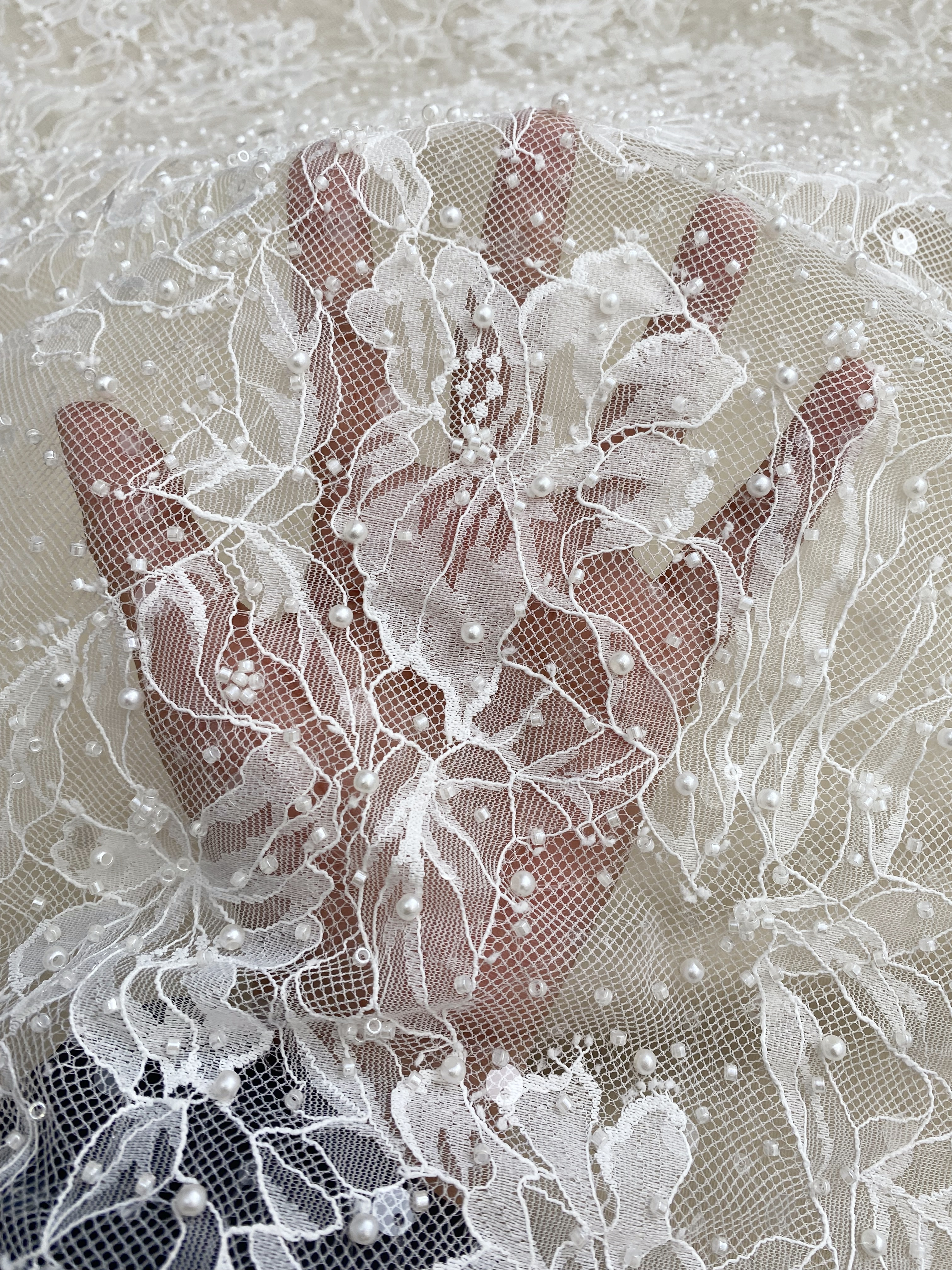 2026 White Pearl Chantilly French Eyelash Stretch Lace Fabric, Beaded Floral Scalloped Lace Fabric for Wedding Dress, Sold by 3 Meters