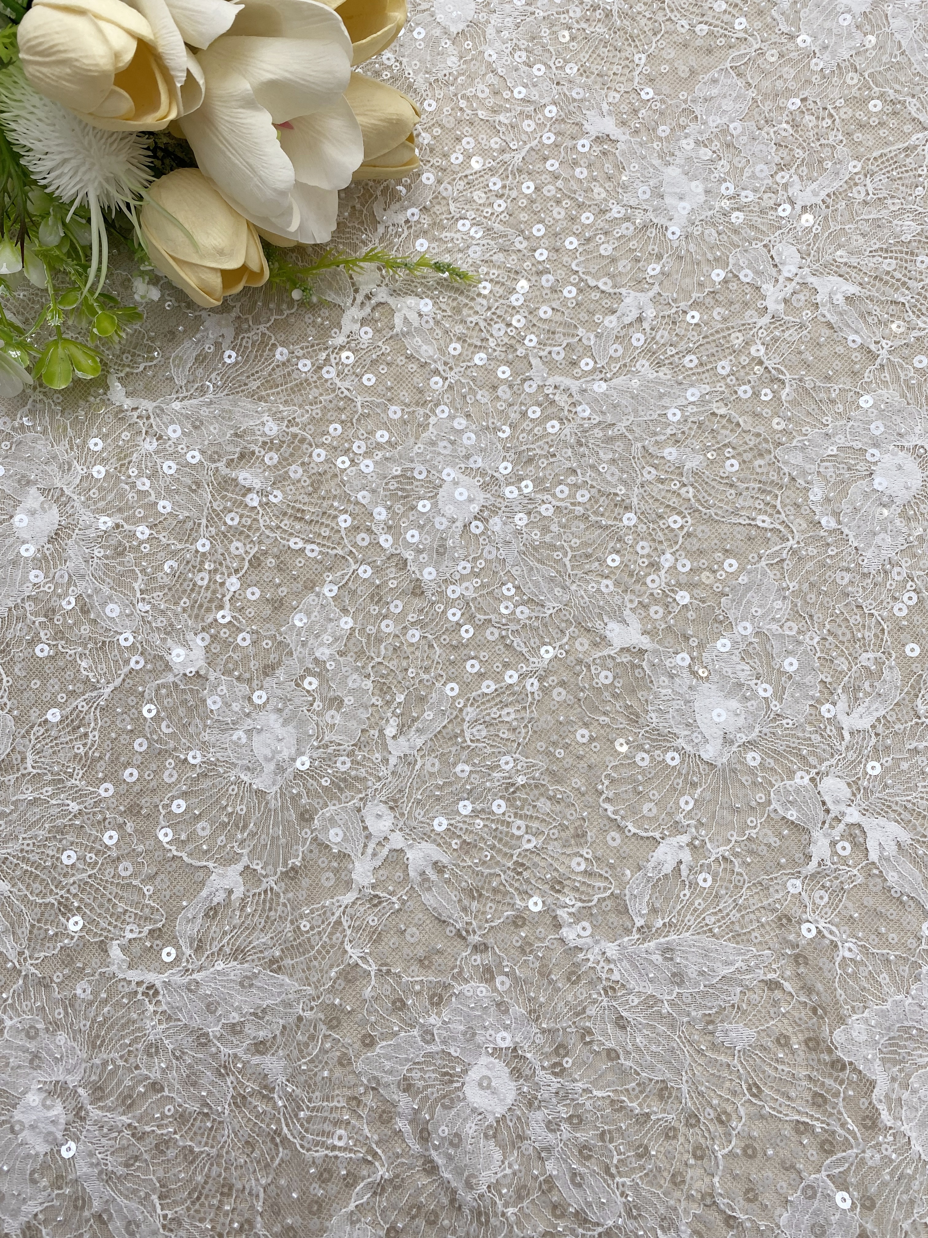 Luxury Beaded Tulle Lace Fabric, White Sequined Bridal Mesh by the Yard for Wedding Dress, Veil, Bridal Gown Embroidery, Floral Lace