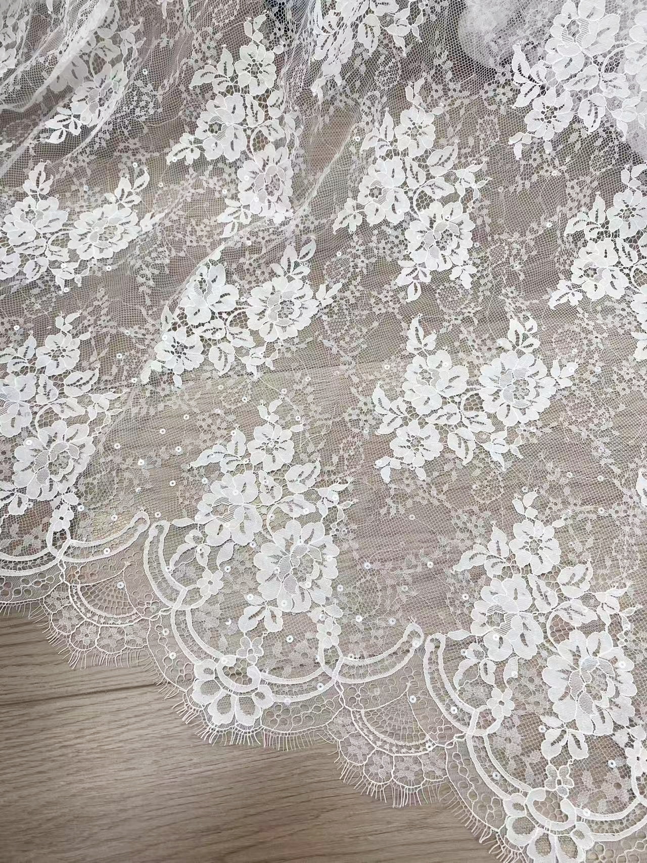 Off white Chantilly lace fabric with sequins, French Bridal Wedding Lace, Scalloped Lace, floral eyelash veil lace for Wedding Dress