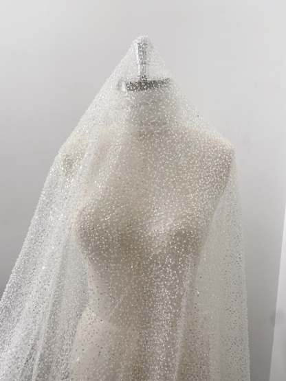 Luxury Beaded Tulle Lace Fabric, Ivory Heavy Sequin Bridal Mesh by the Yard for Wedding Dress & Veil