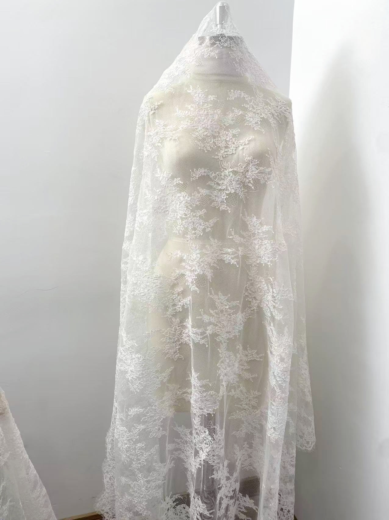 Ivory French Alencon Lace Fabric with Eyelash, 3 Meters Corded Chantilly Lace for Bridal Gown, Wedding Dress