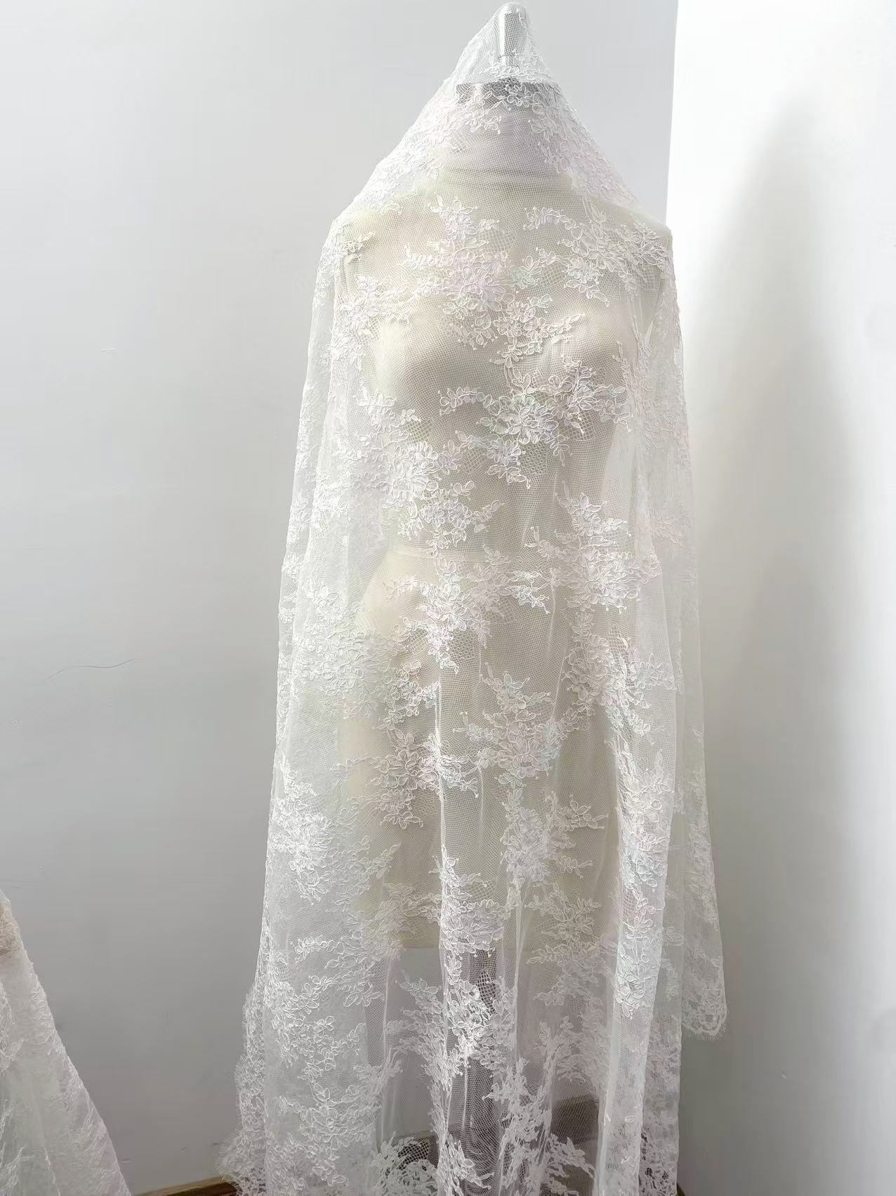 Ivory French Alencon Lace Fabric with Eyelash, 3 Meters Corded Chantilly Lace for Bridal Gown, Wedding Dress