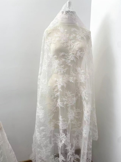 Ivory French Alencon Lace Fabric with Eyelash, 3 Meters Corded Chantilly Lace for Bridal Gown, Wedding Dress