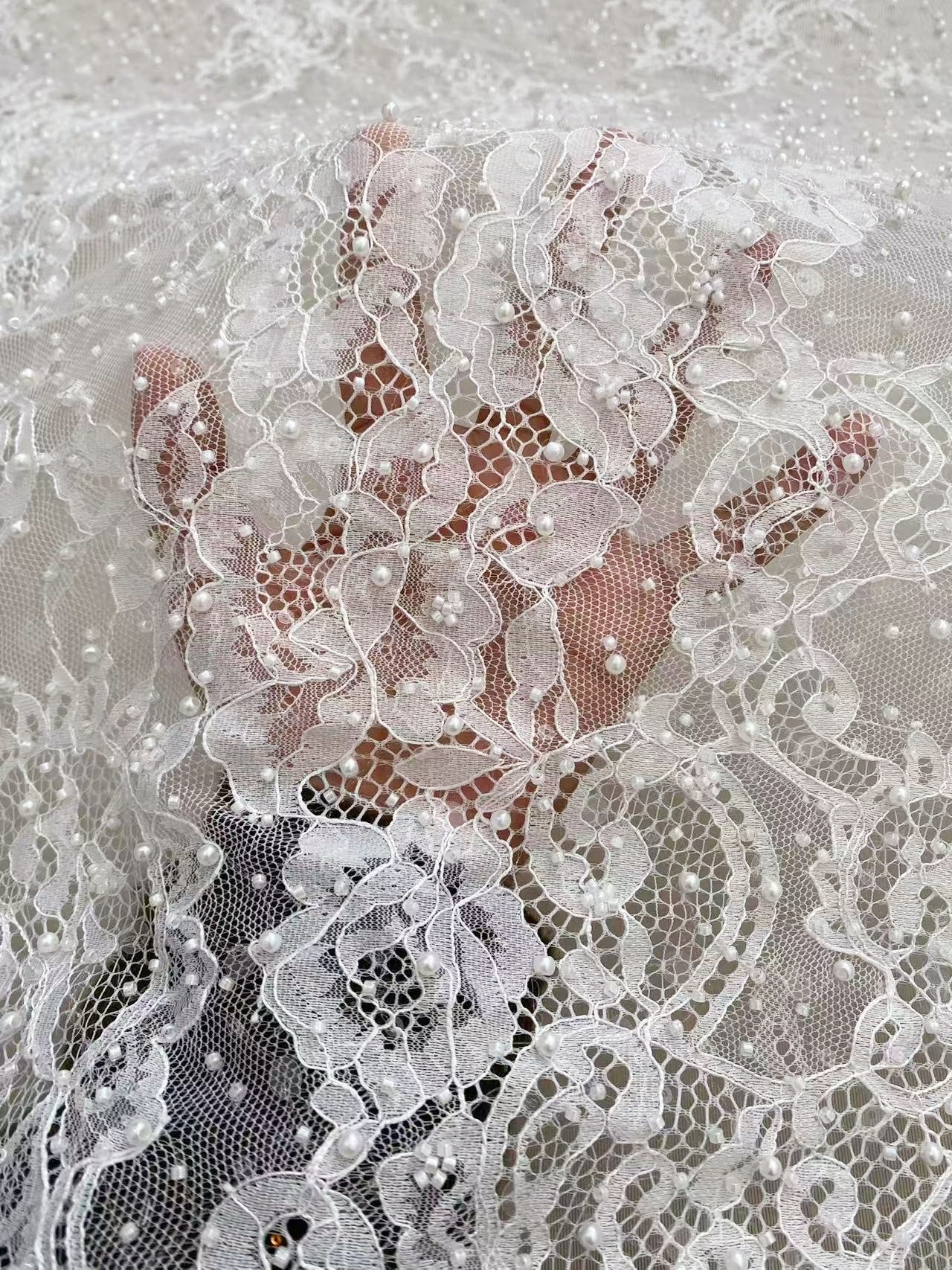 2026 White Pearl Chantilly French Eyelash Lace Fabric, Beaded Floral Scalloped Lace Fabric for Wedding Dress Veils, Price per 3 Meters