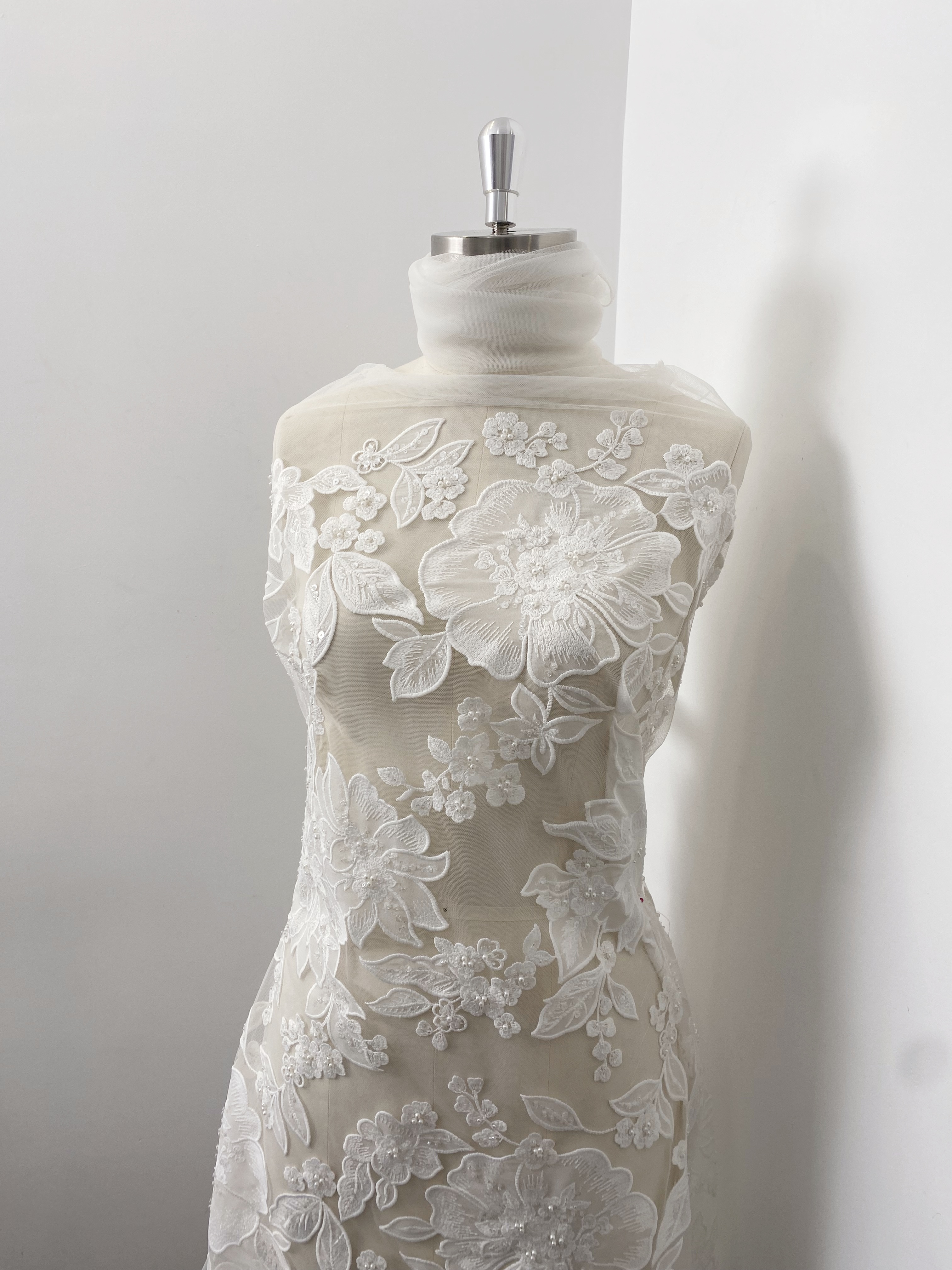 Ivory Floral Lace on Mesh with Large Appliqués, Delicate Bridal Flower Lace Fabric For Gown Prom, Wedding Dress Lace