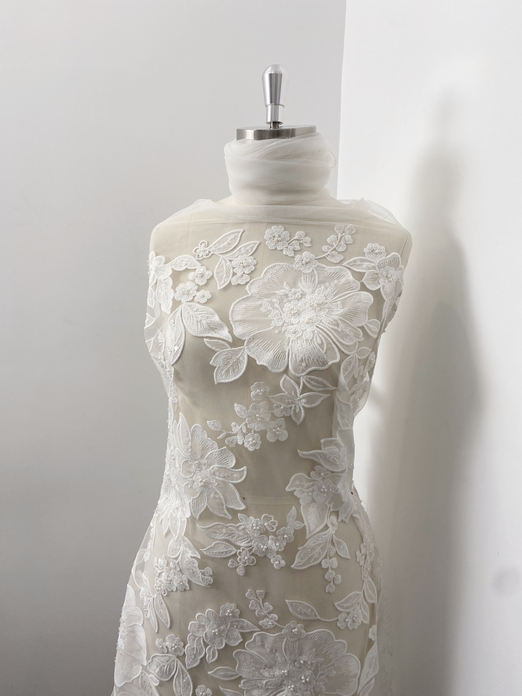 Ivory Floral Lace on Mesh with Large Appliqués, Delicate Bridal Flower Lace Fabric For Gown Prom, Wedding Dress Lace