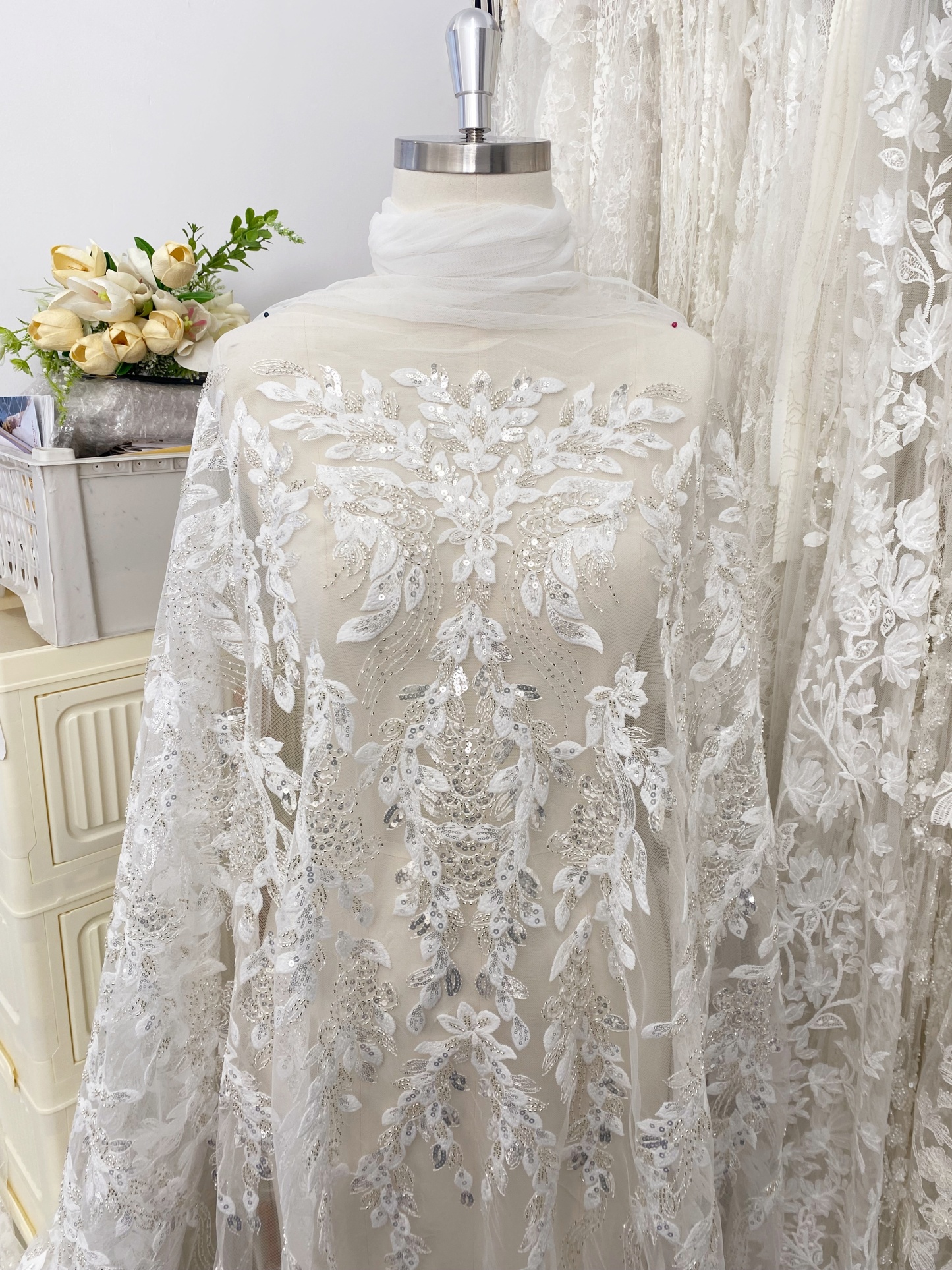 Leaves Embroidery Fabric with Beads and Sequins, Lace fabric for Wedding Dresses, Bridal Veil, Evening Gowns, Tulle Mesh Material