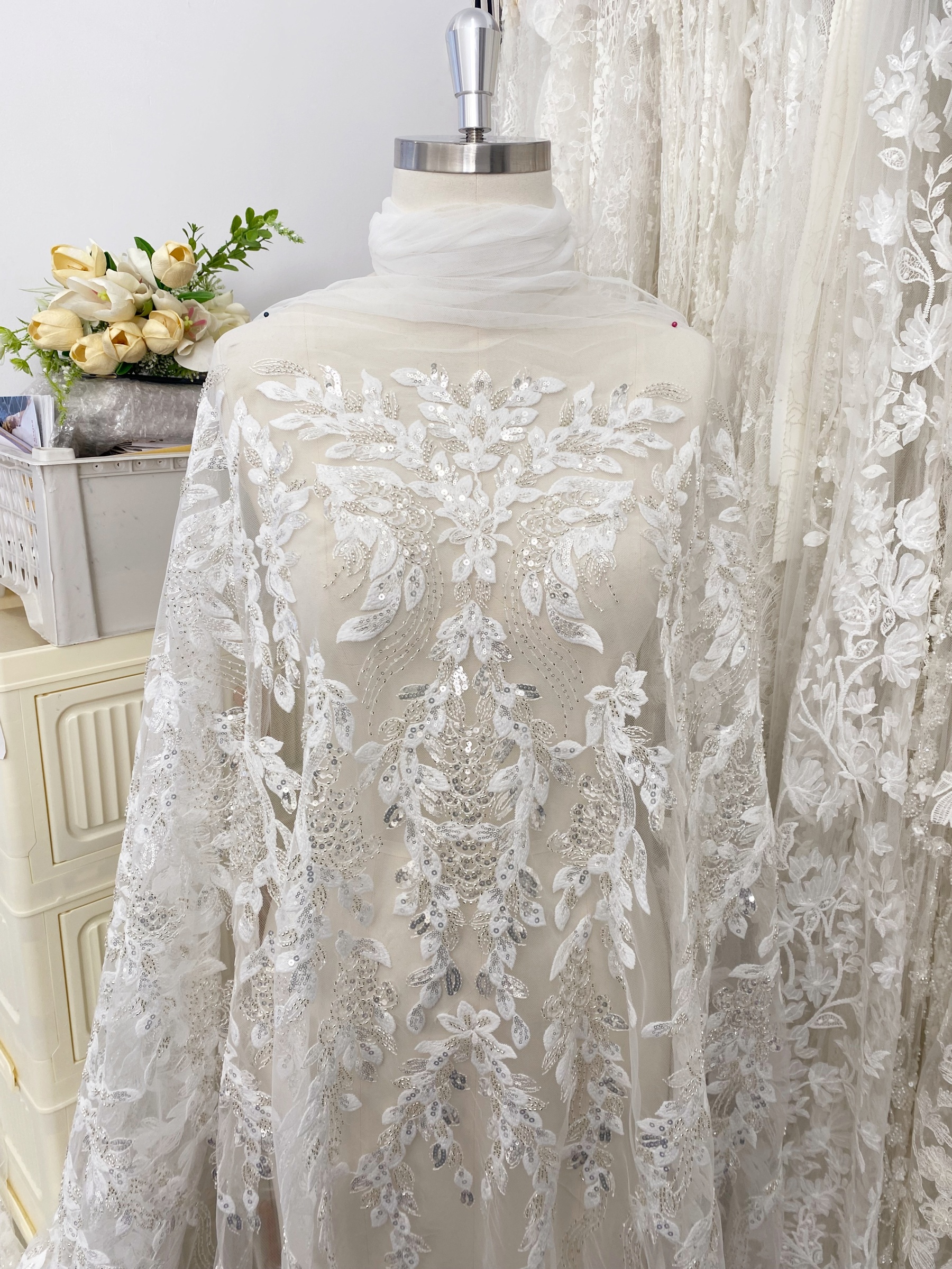 Leaves Embroidery Fabric with Beads and Sequins, Lace fabric for Wedding Dresses, Bridal Veil, Evening Gowns, Tulle Mesh Material