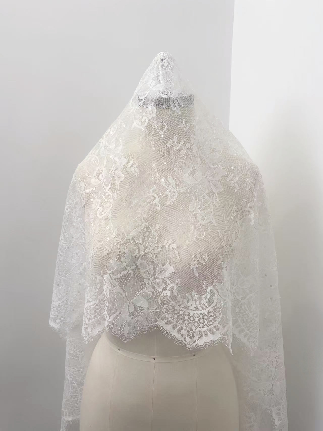 Clear Sequins French Chantilly Lace Fabric, Ivory Bridal Floral Lace with Eyelash for Wedding Dress, Veil, Overlay, Sold by 3 Meters 1 Piece