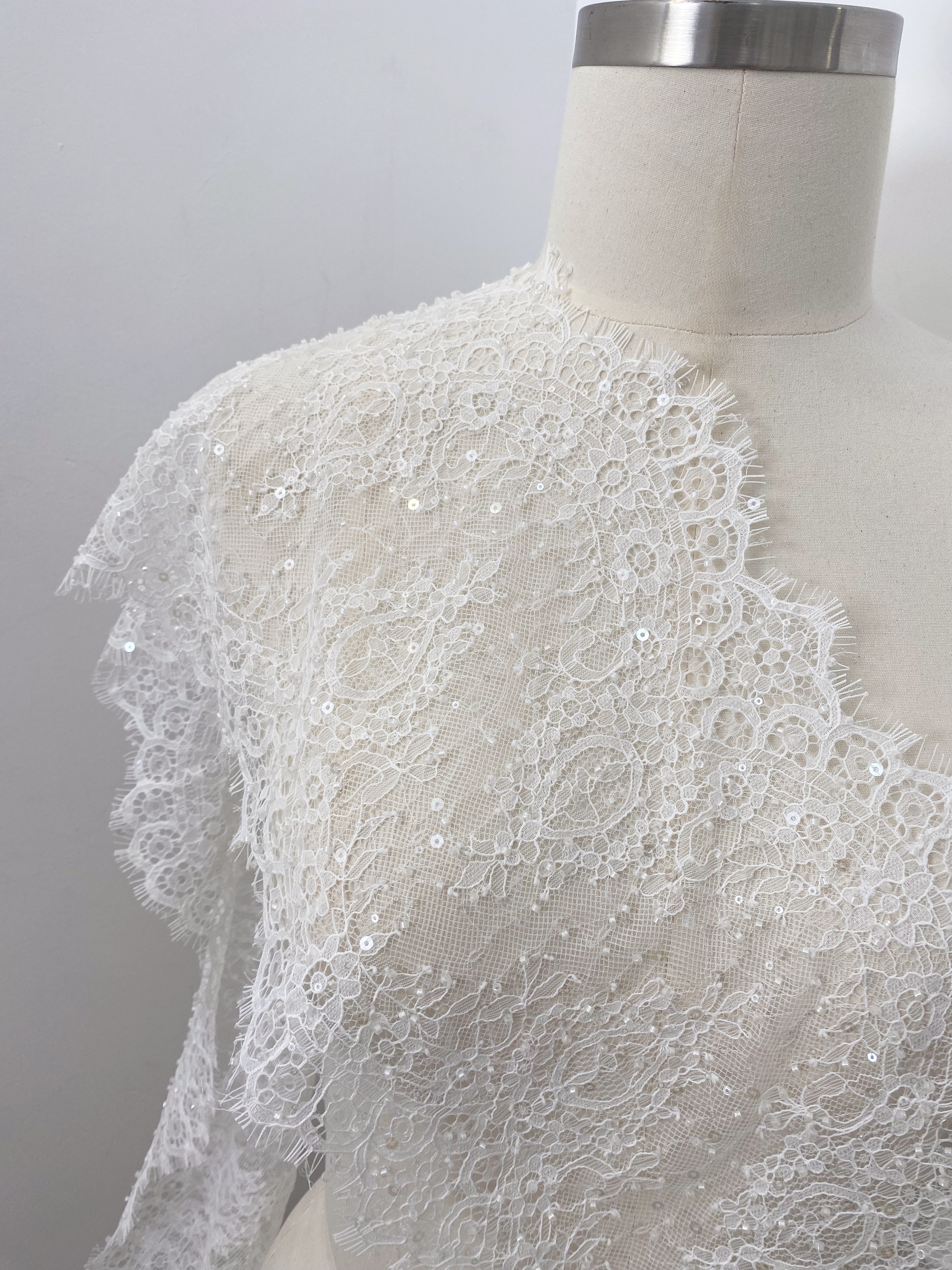 French Beaded Chantilly Lace Trim with Sequins, Floral Trim Eyelash Edging, Eyelash Lace Wedding Dress Fabric for Bridal Veil, Sold by 3 meters