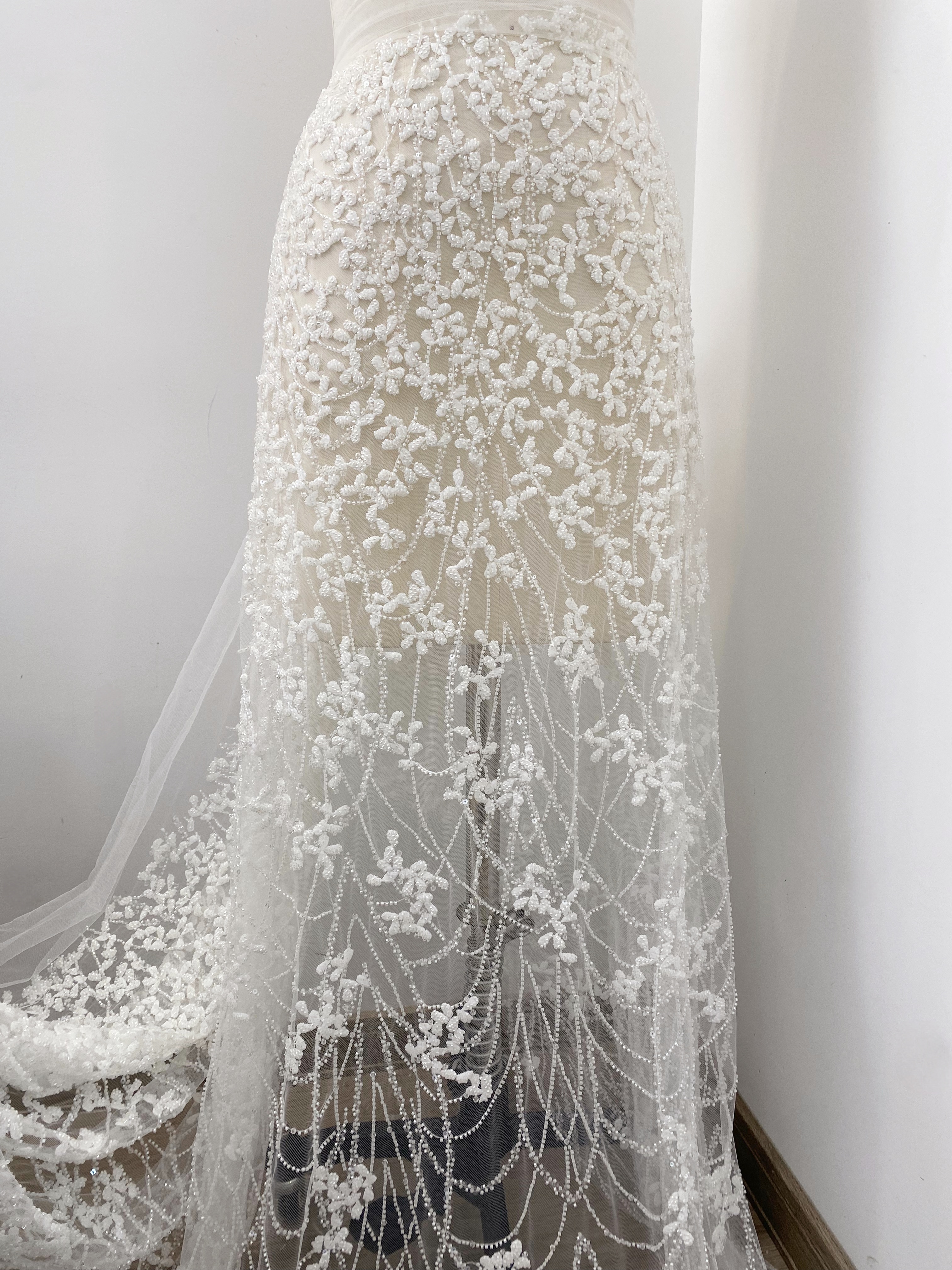 Ivory Beaded Floral Embroidery Tulle Lace Fabric, Beading Leafs Bridal Lace for Wedding Gowns Dresses and Veils, Couture Lace by the Yard