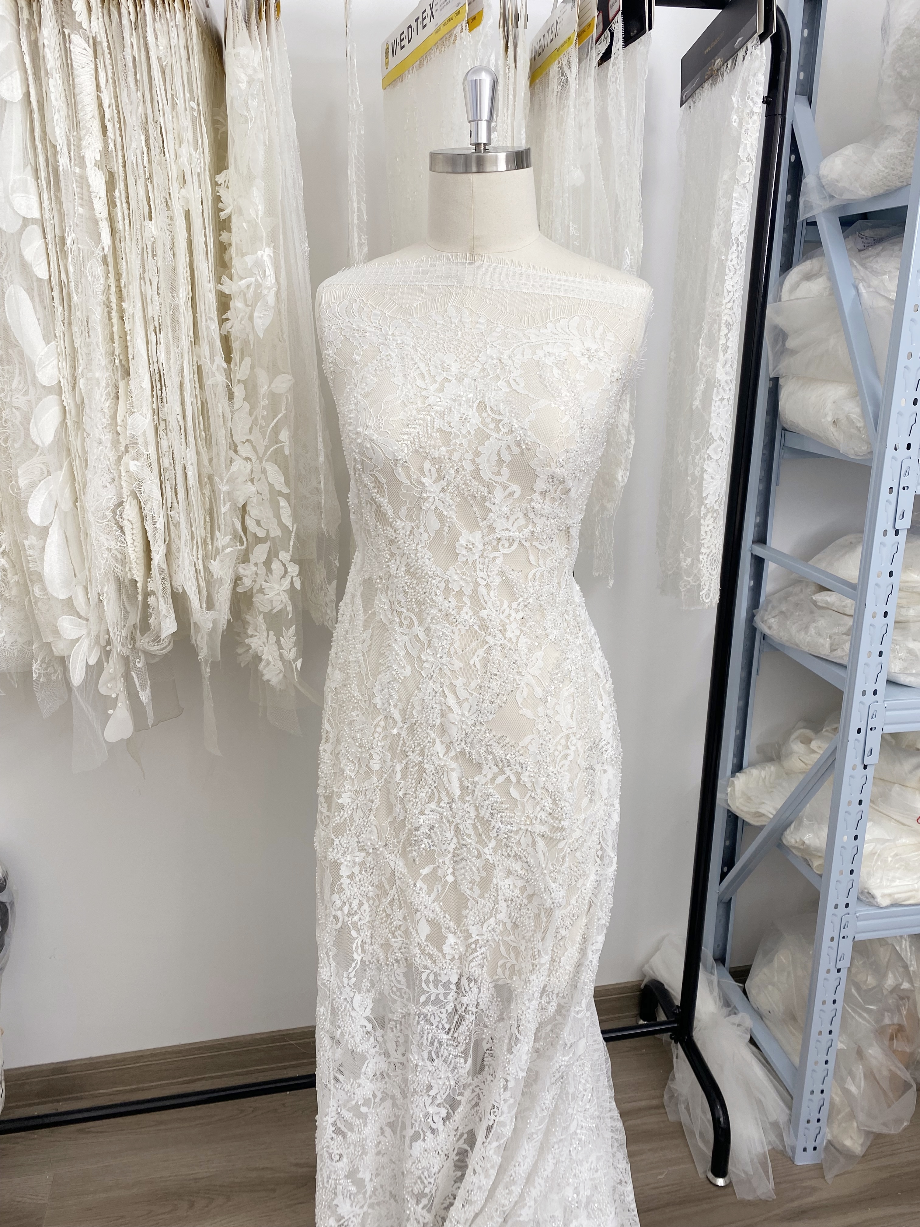 3 Meters Heavy Bead Chantilly Lace Fabric with Sequins for Wedding Dress,Bridal Gown Veil, Alencon Lace Floral Trim Eyelash Edging
