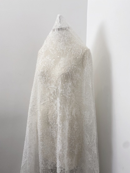 2026 White Pearl Chantilly French Eyelash Stretch Lace Fabric, Beaded Floral Scalloped Lace Fabric for Wedding Dress, Sold by 3 Meters