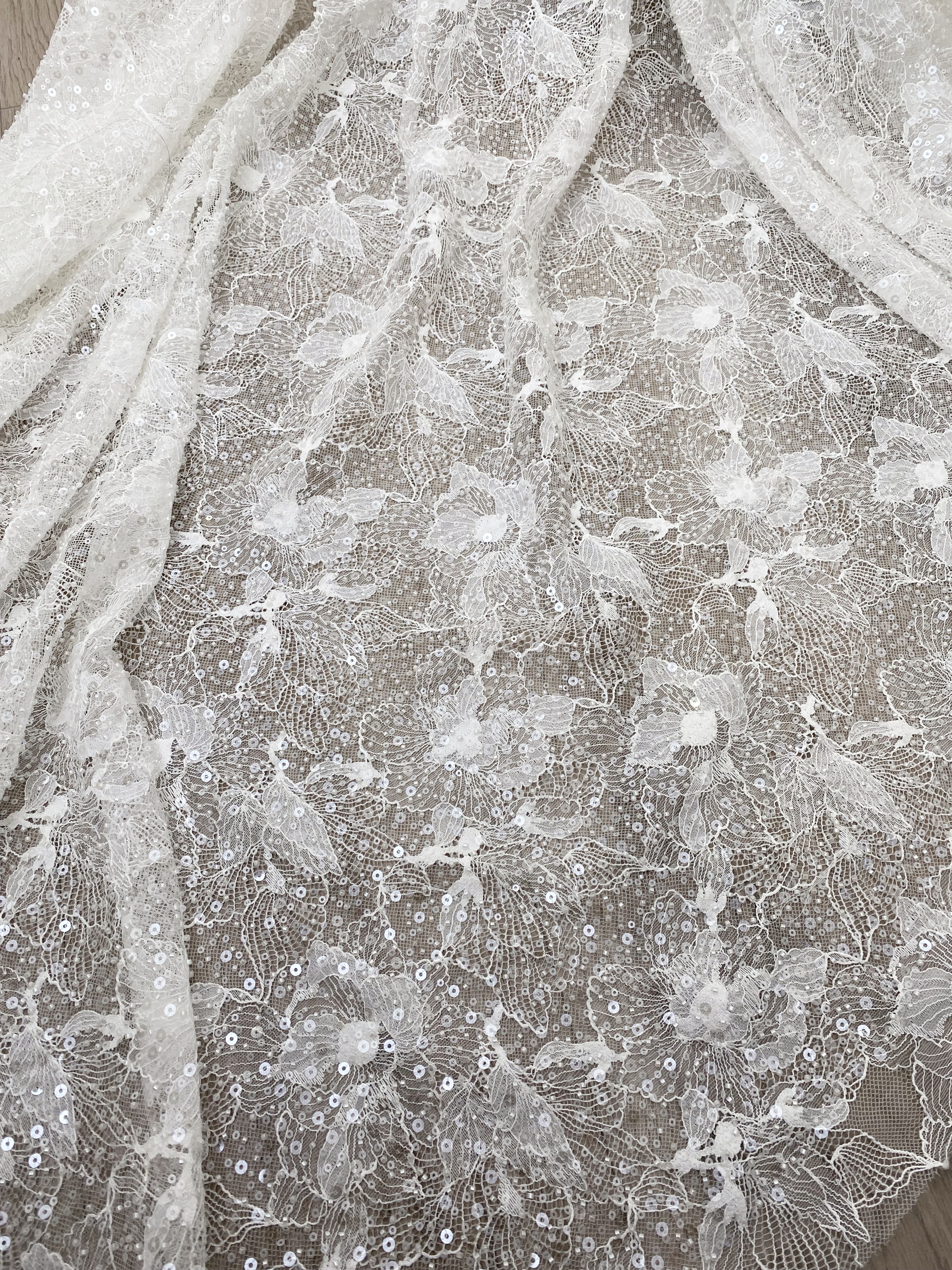 Luxury Beaded Tulle Lace Fabric, White Sequined Bridal Mesh by the Yard for Wedding Dress, Veil, Bridal Gown Embroidery, Floral Lace