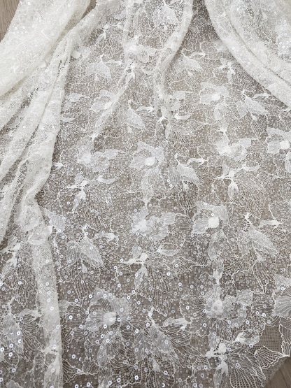 Luxury Beaded Tulle Lace Fabric, White Sequined Bridal Mesh by the Yard for Wedding Dress, Veil, Bridal Gown Embroidery, Floral Lace