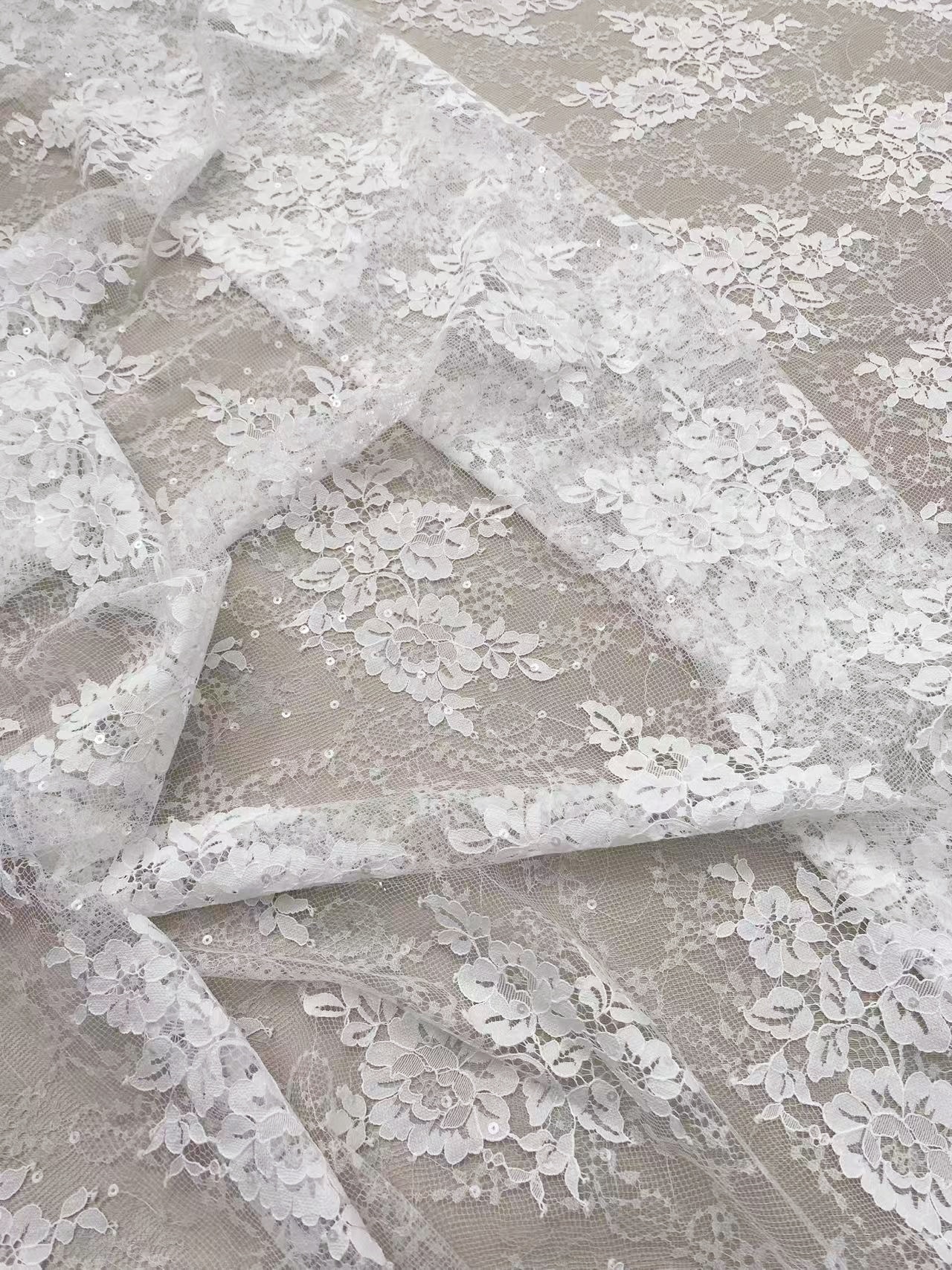 Off white Chantilly lace fabric with sequins, French Bridal Wedding Lace, Scalloped Lace, floral eyelash veil lace for Wedding Dress
