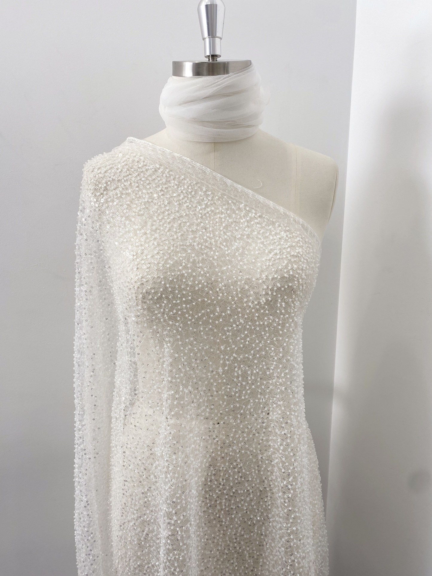 Luxury Beaded Tulle Lace Fabric, Ivory Heavy Sequin Bridal Mesh by the Yard for Wedding Dress & Veil